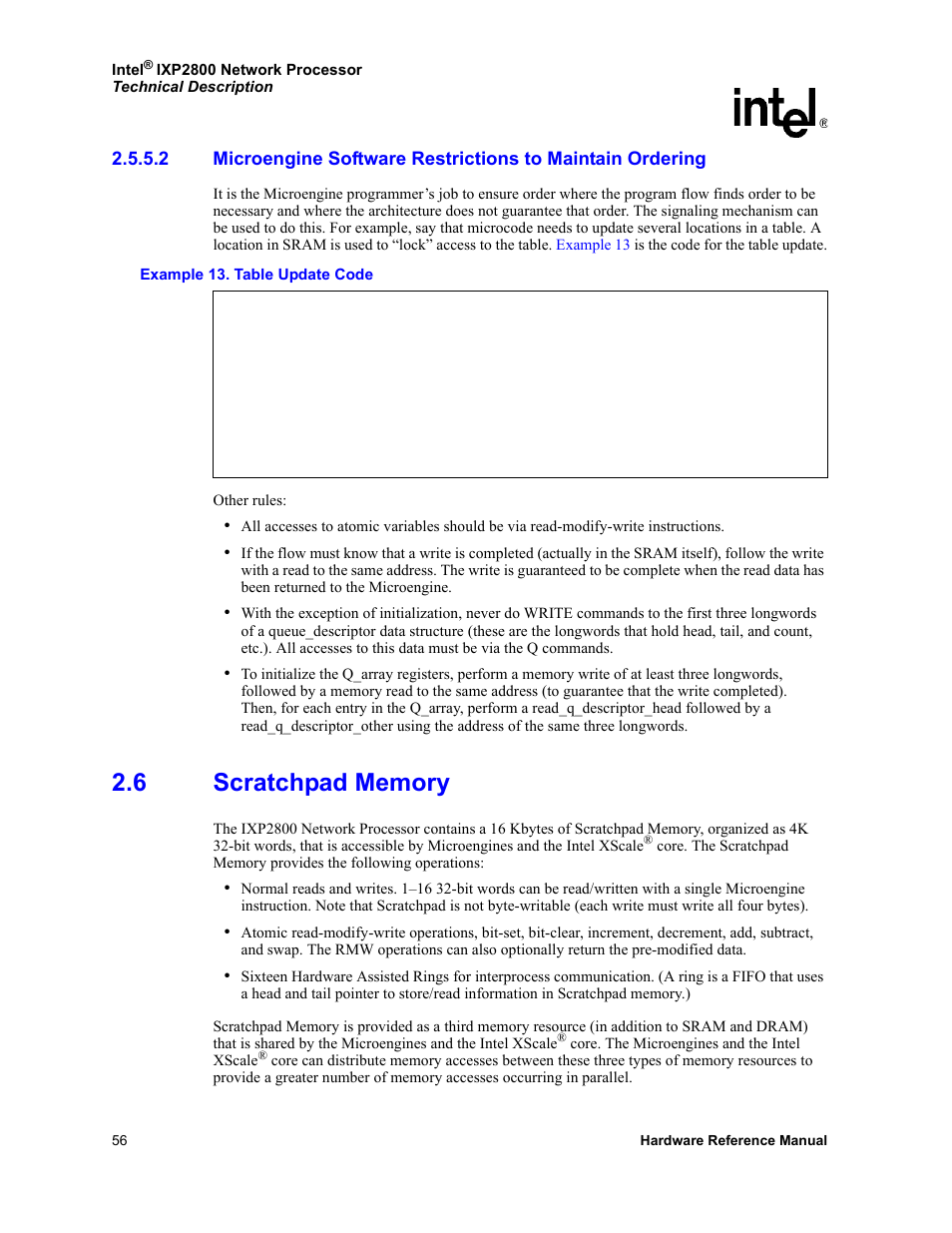 6 scratchpad memory, Scratchpad memory | Intel NETWORK PROCESSOR IXP2800 User Manual | Page 56 / 430