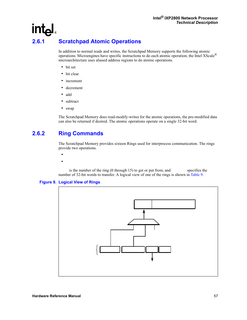 1 scratchpad atomic operations, 2 ring commands, Scratchpad atomic operations | Ring commands, Logical view of rings | Intel NETWORK PROCESSOR IXP2800 User Manual | Page 57 / 430