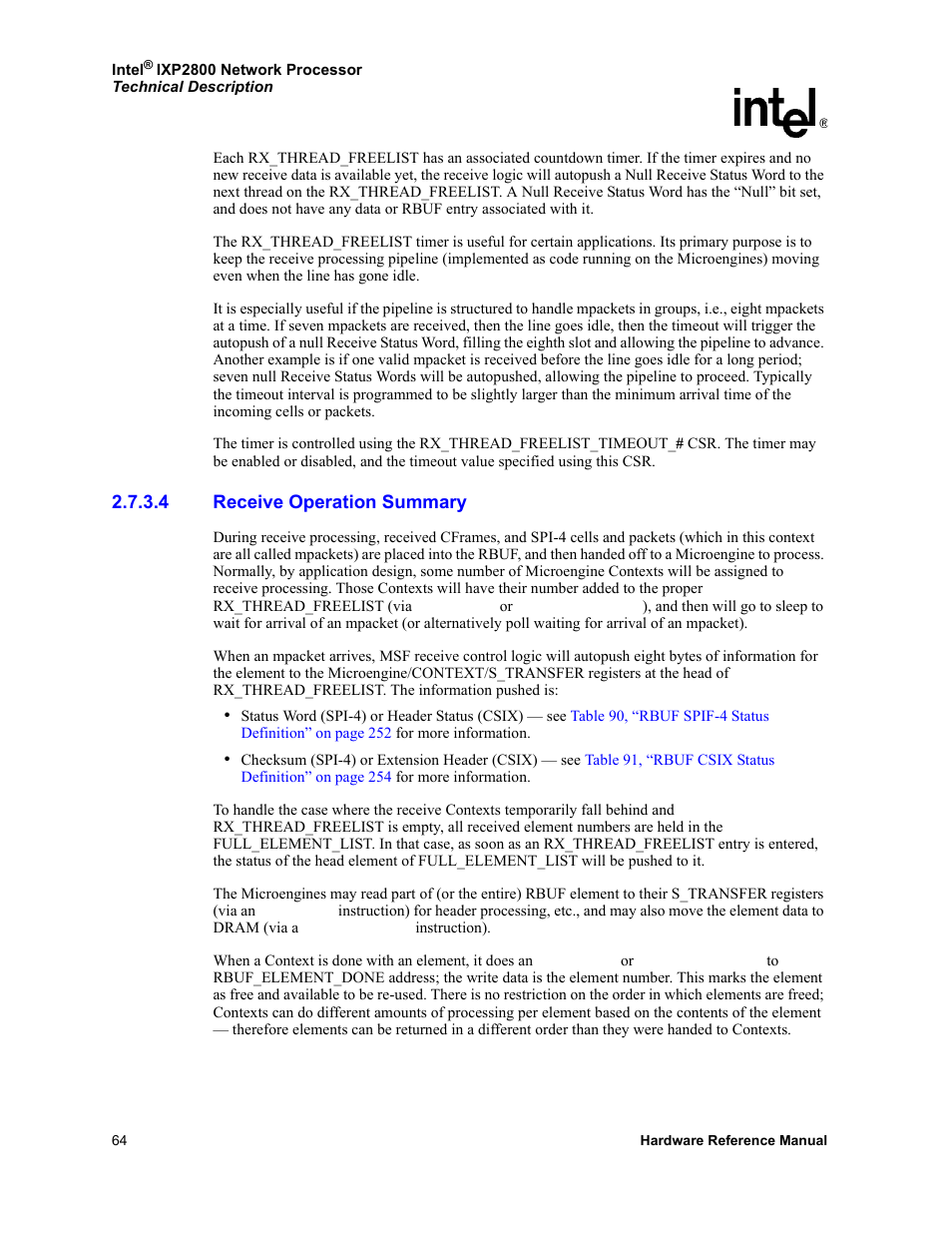 4 receive operation summary, Receive operation summary | Intel NETWORK PROCESSOR IXP2800 User Manual | Page 64 / 430