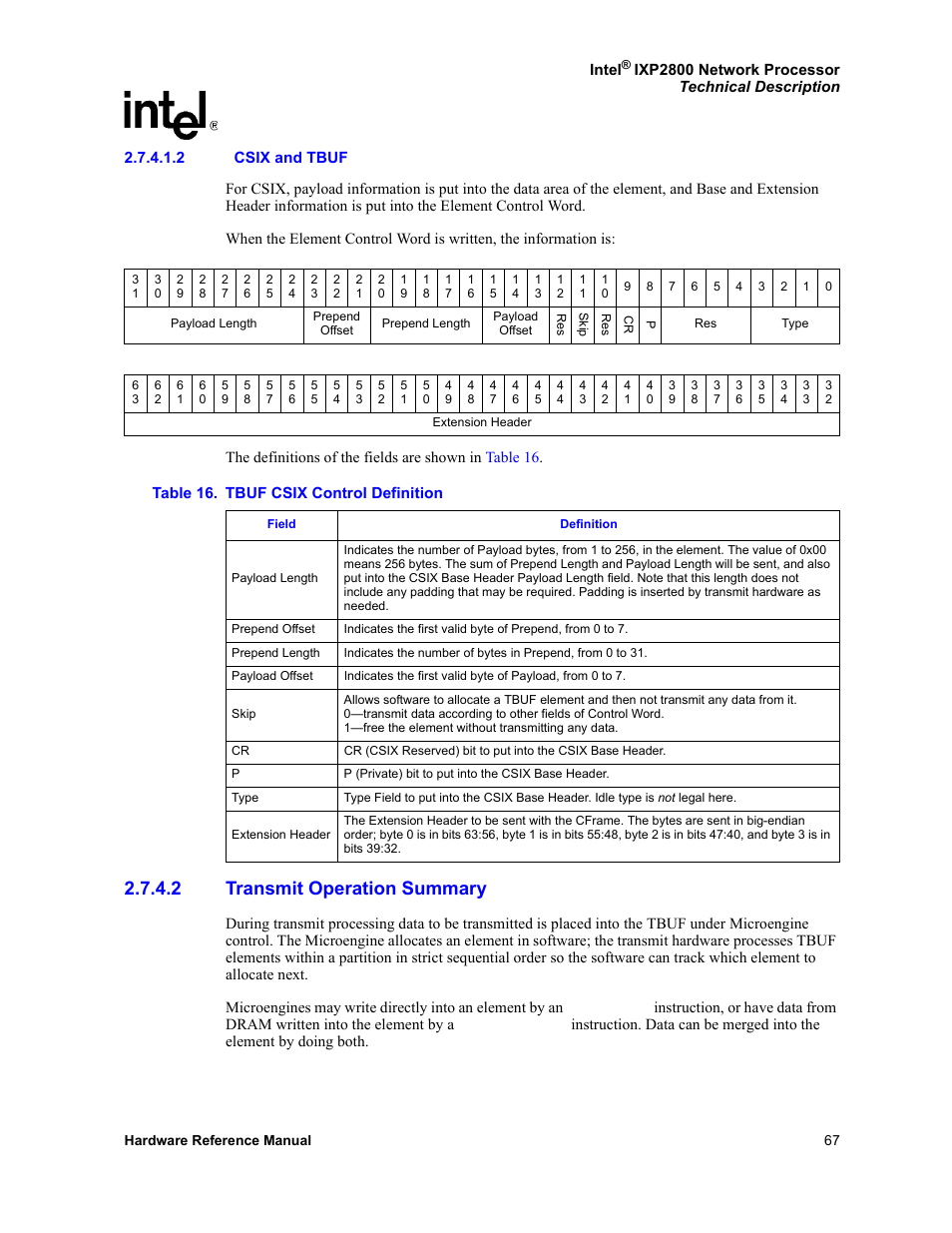 2 csix and tbuf, 2 transmit operation summary, Transmit operation summary | 16 tbuf csix control definition | Intel NETWORK PROCESSOR IXP2800 User Manual | Page 67 / 430