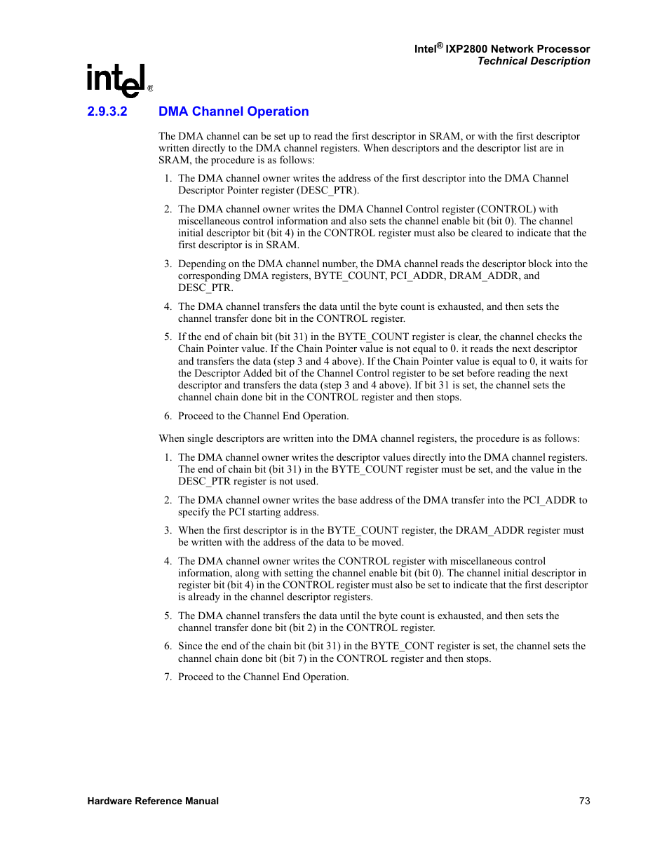 2 dma channel operation, Dma channel operation | Intel NETWORK PROCESSOR IXP2800 User Manual | Page 73 / 430