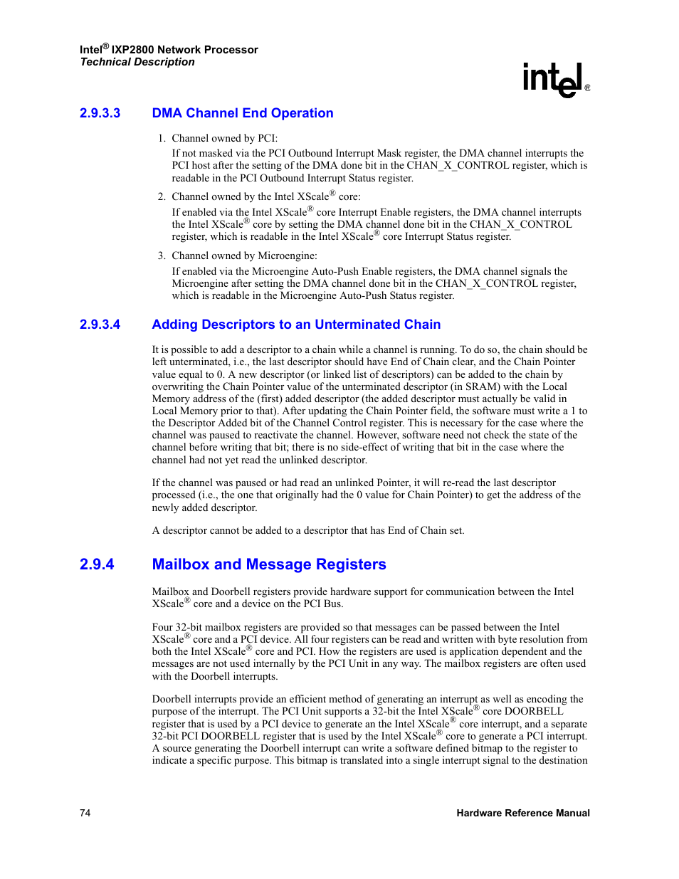 3 dma channel end operation, 4 adding descriptors to an unterminated chain, 4 mailbox and message registers | Dma channel end operation, Adding descriptors to an unterminated chain, Mailbox and message registers | Intel NETWORK PROCESSOR IXP2800 User Manual | Page 74 / 430