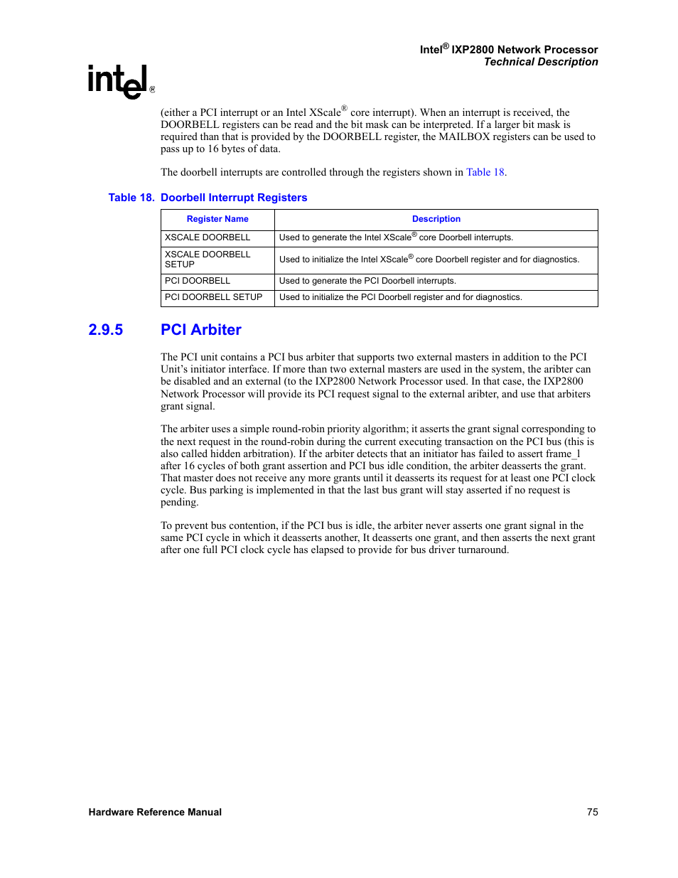 5 pci arbiter, Pci arbiter, 18 doorbell interrupt registers | Intel NETWORK PROCESSOR IXP2800 User Manual | Page 75 / 430