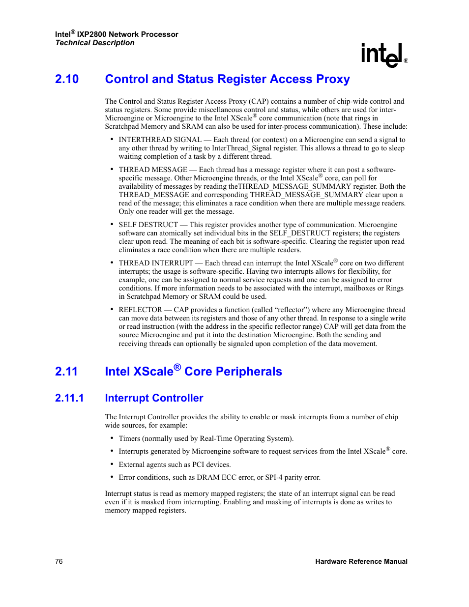 10 control and status register access proxy, 11 intel xscale® core peripherals, 1 interrupt controller | 11 intel xscale, Core peripherals | Intel NETWORK PROCESSOR IXP2800 User Manual | Page 76 / 430