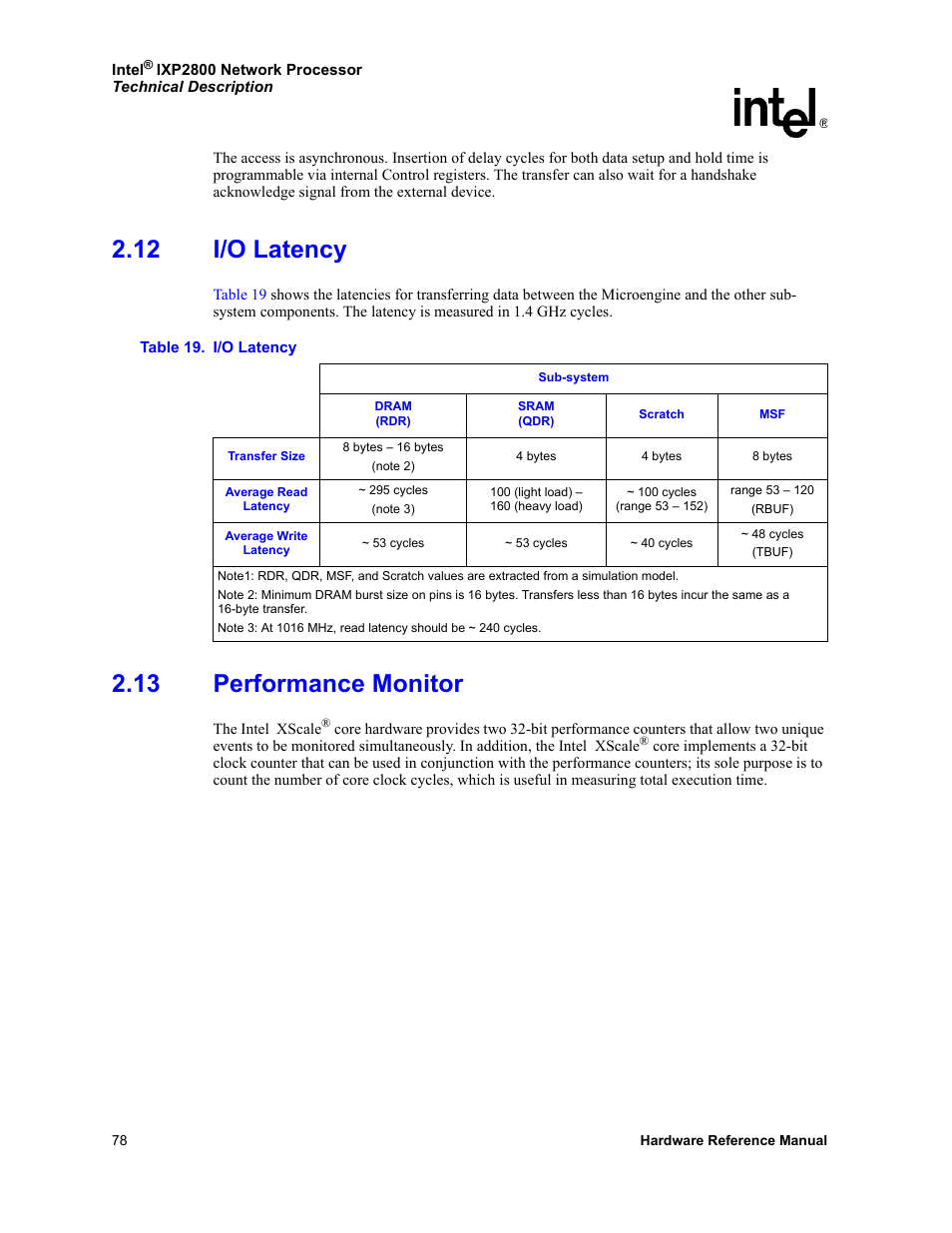 12 i/o latency, 13 performance monitor, 12 i/o latency 2.13 performance monitor | 19 i/o latency | Intel NETWORK PROCESSOR IXP2800 User Manual | Page 78 / 430