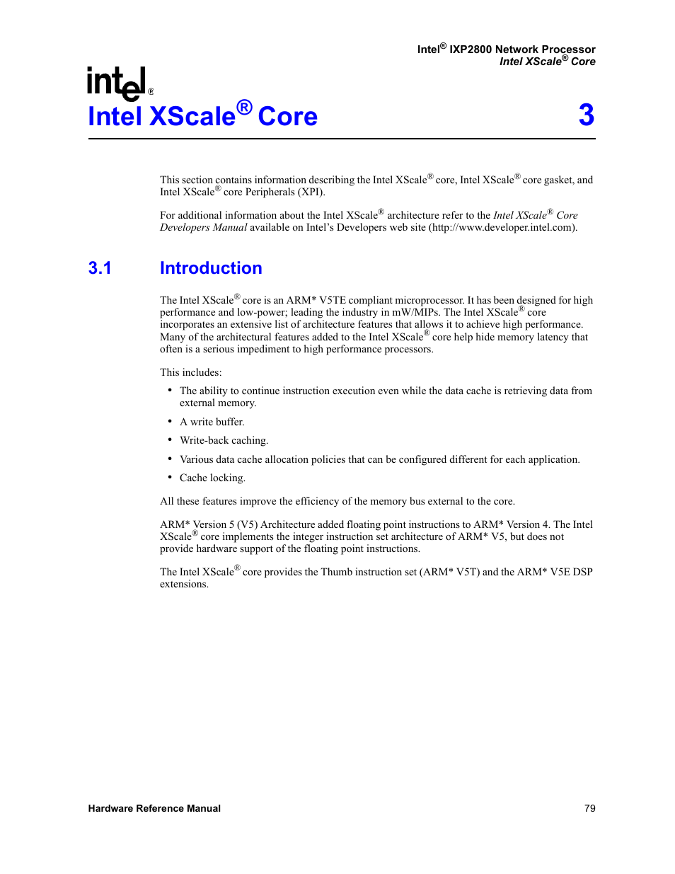 Intel xscale® core 3, 1 introduction, Intel xscale | Introduction, Section 3, “intel xscale, Core | Intel NETWORK PROCESSOR IXP2800 User Manual | Page 79 / 430