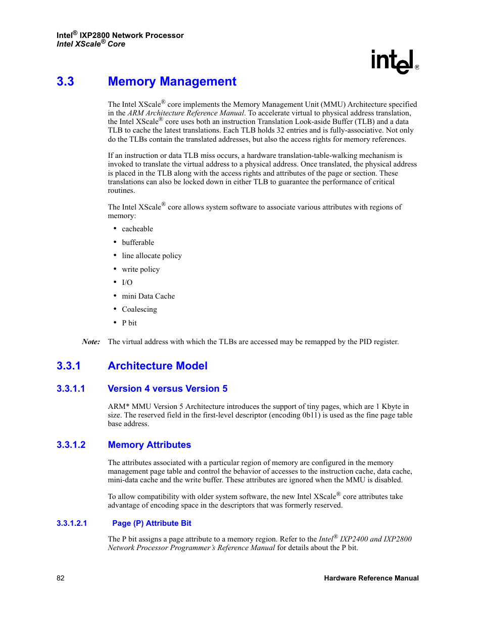 3 memory management, 1 architecture model, 1 version 4 versus version 5 | 2 memory attributes, Memory management 3.3.1, Architecture model 3.3.1.1, Version 4 versus version 5, Memory attributes | Intel NETWORK PROCESSOR IXP2800 User Manual | Page 82 / 430