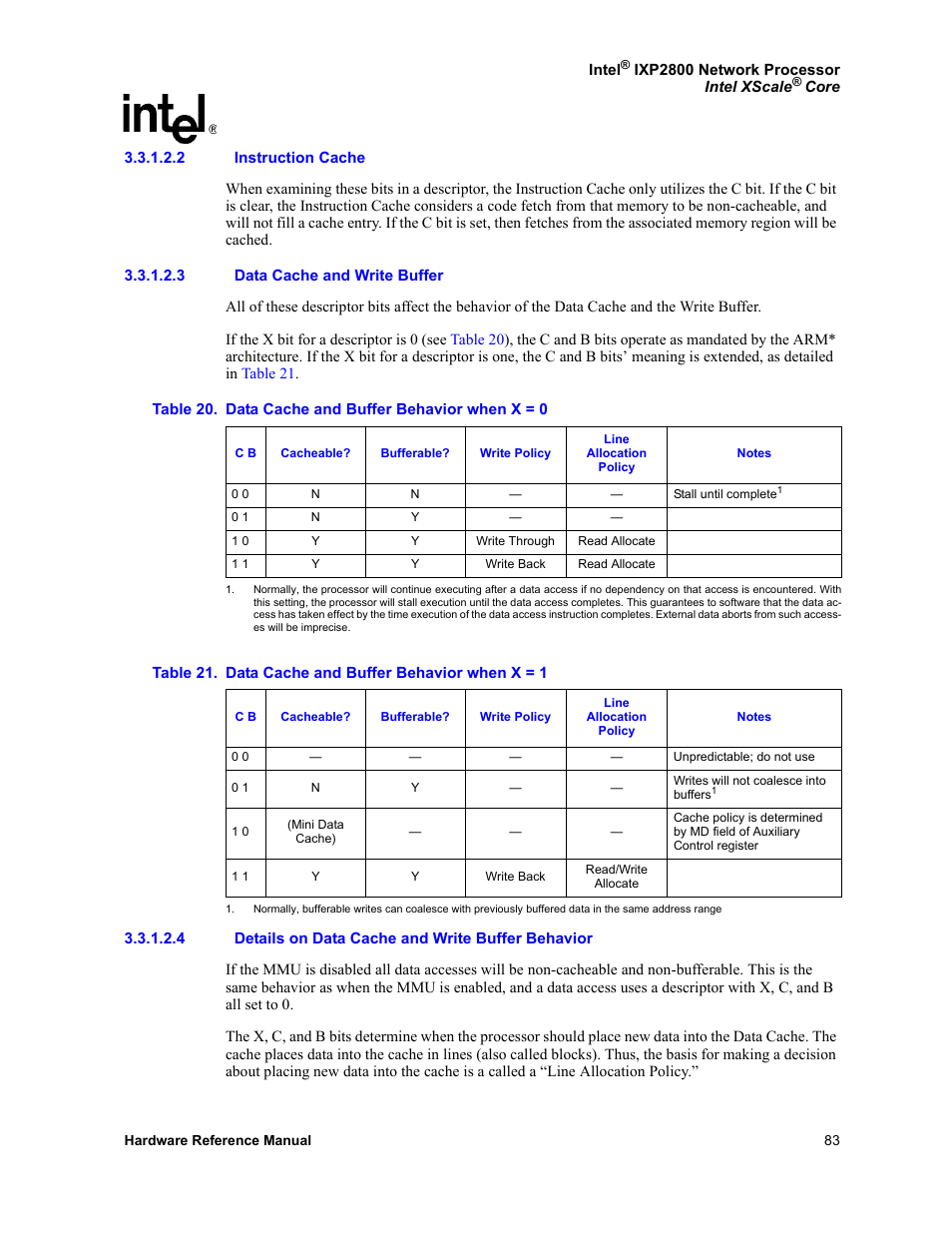 2 instruction cache, 3 data cache and write buffer, 4 details on data cache and write buffer behavior | Intel NETWORK PROCESSOR IXP2800 User Manual | Page 83 / 430