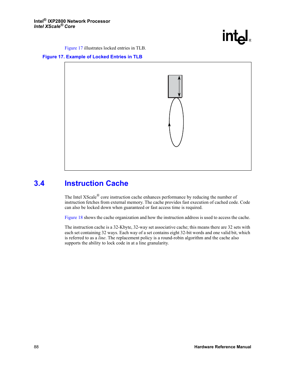 4 instruction cache, Instruction cache, 17 example of locked entries in tlb | Intel NETWORK PROCESSOR IXP2800 User Manual | Page 88 / 430