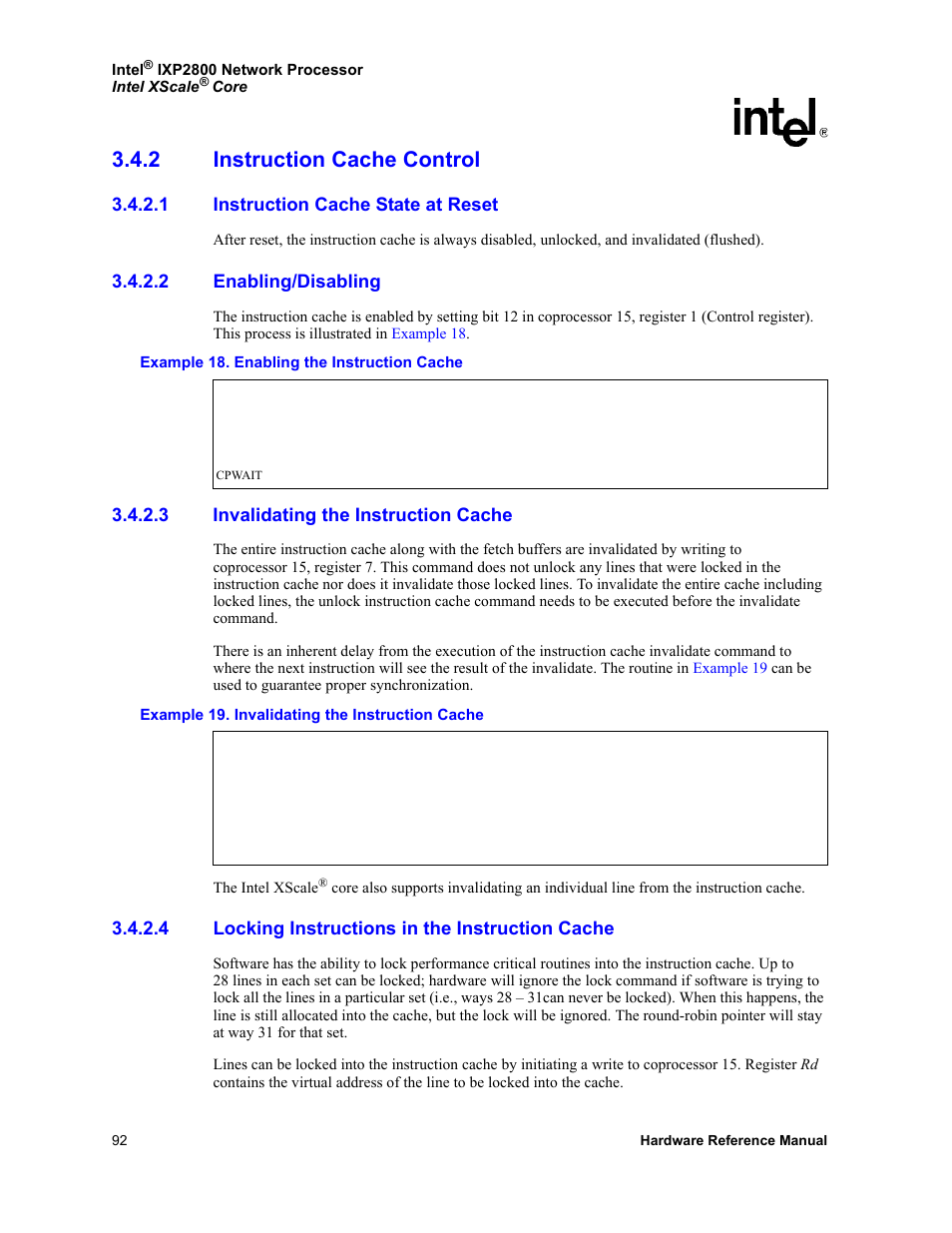 2 instruction cache control, 1 instruction cache state at reset, 2 enabling/disabling | 3 invalidating the instruction cache, 4 locking instructions in the instruction cache, Instruction cache control 3.4.2.1, Instruction cache state at reset, Enabling/disabling, Invalidating the instruction cache, Locking instructions in the instruction cache | Intel NETWORK PROCESSOR IXP2800 User Manual | Page 92 / 430