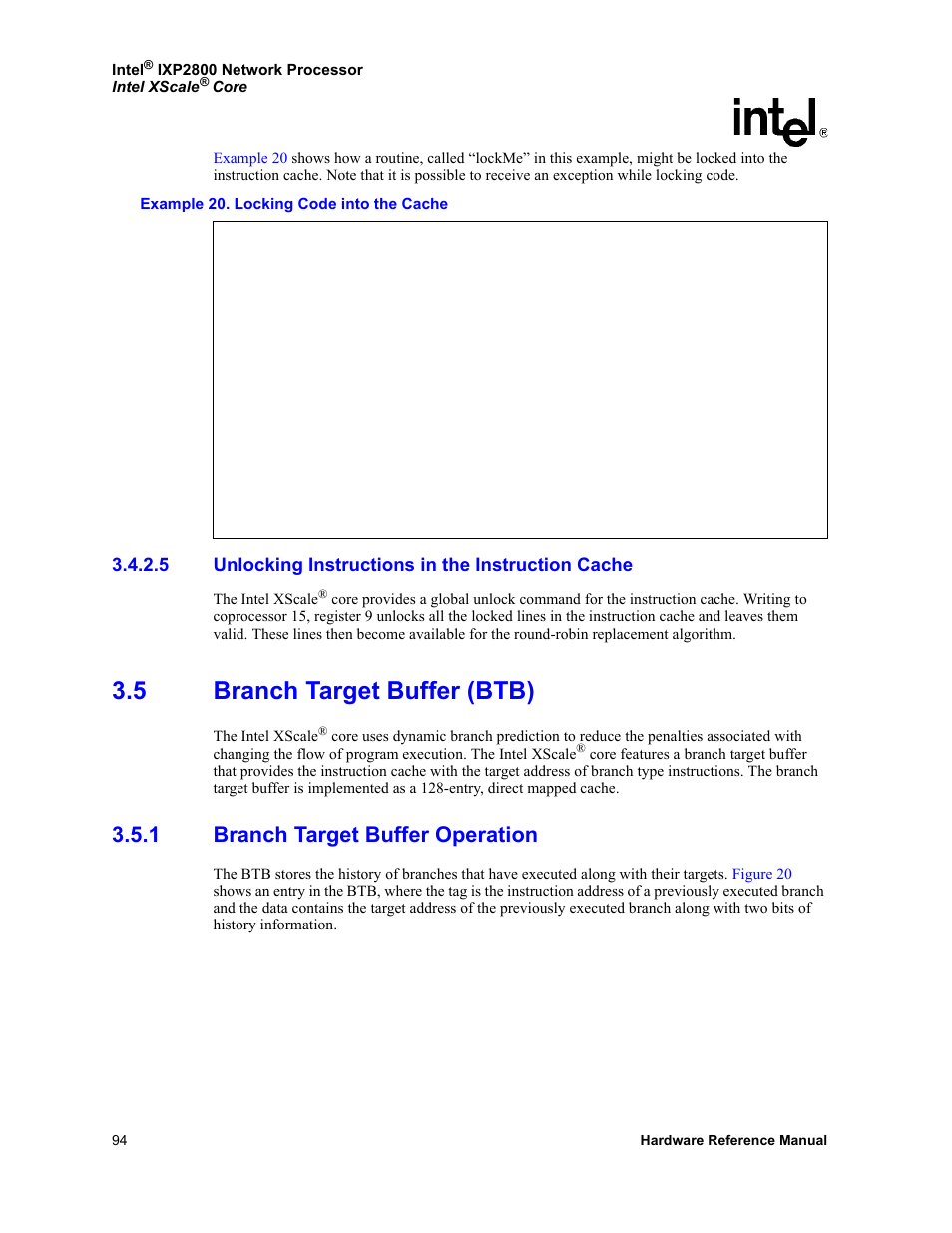 5 unlocking instructions in the instruction cache, 5 branch target buffer (btb), 1 branch target buffer operation | Unlocking instructions in the instruction cache, Branch target buffer (btb) 3.5.1, Branch target buffer operation | Intel NETWORK PROCESSOR IXP2800 User Manual | Page 94 / 430