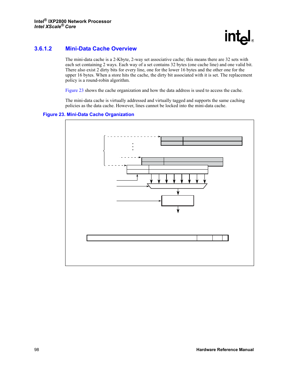 2 mini-data cache overview, Mini-data cache overview, 23 mini-data cache organization | Intel NETWORK PROCESSOR IXP2800 User Manual | Page 98 / 430