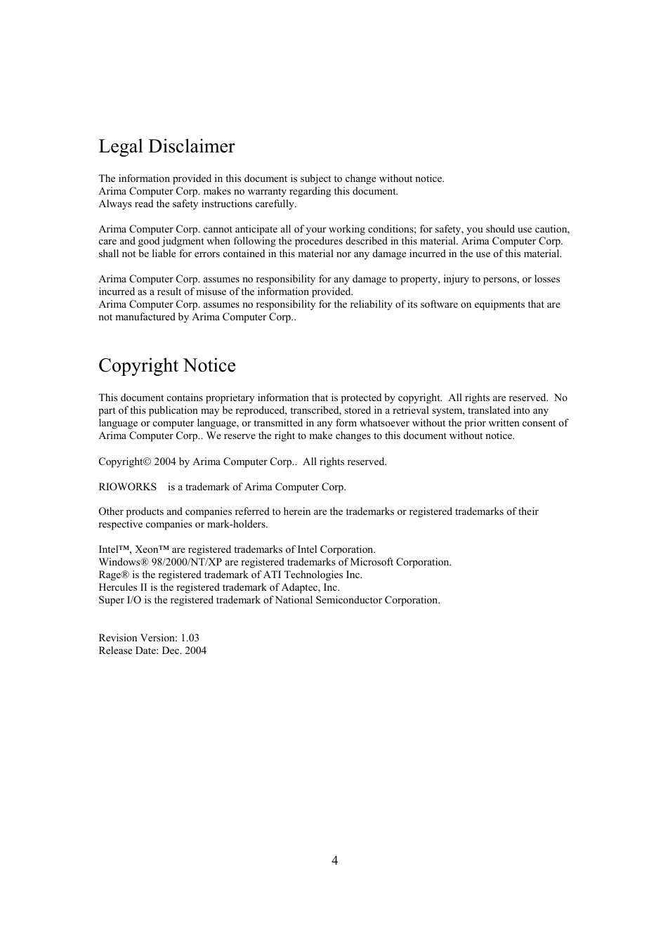 Legal disclaimer, Copyright notice | Intel Arima LH500 User Manual | Page 4 / 78