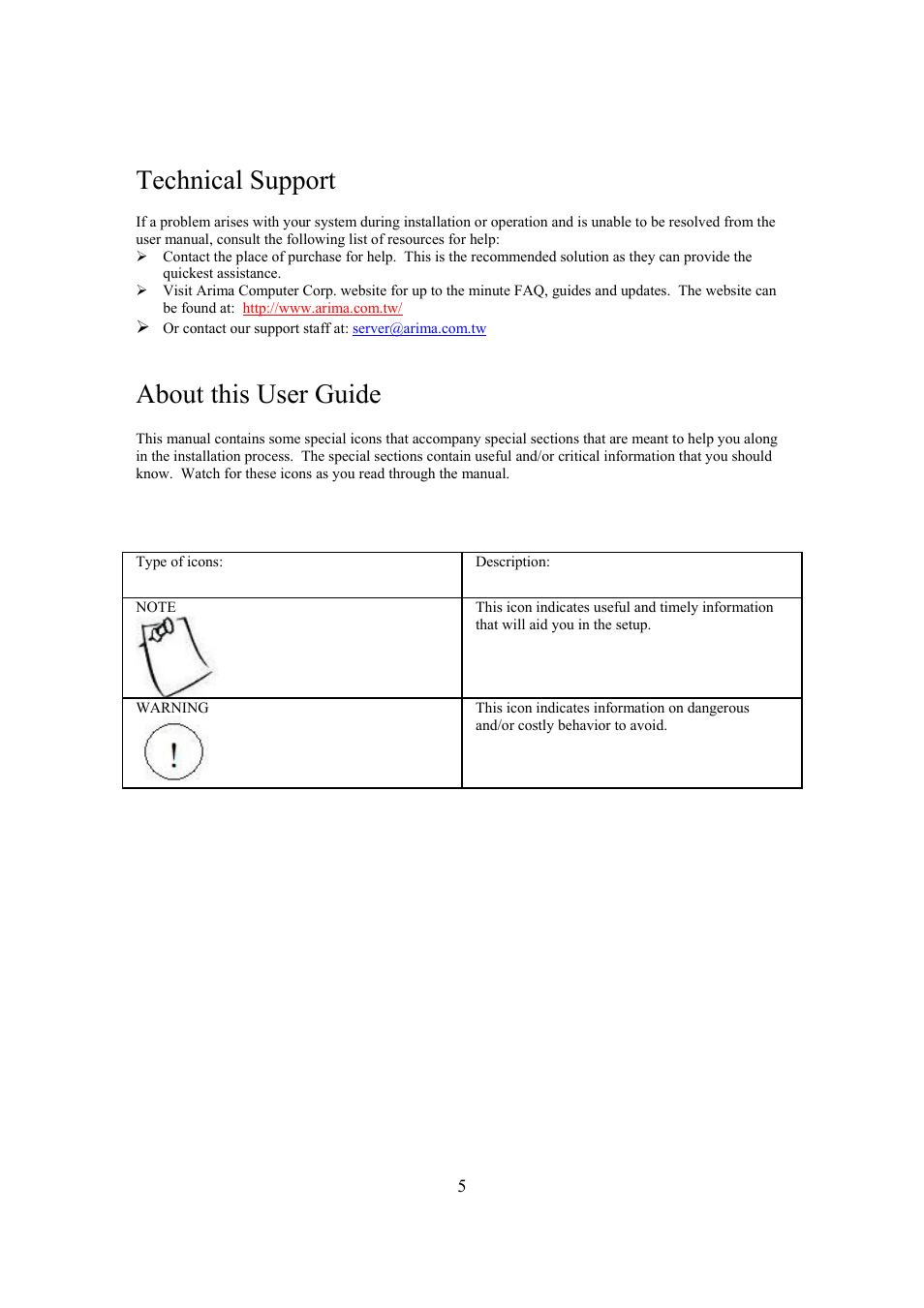 Technical support, About this user guide | Intel Arima LH500 User Manual | Page 5 / 78