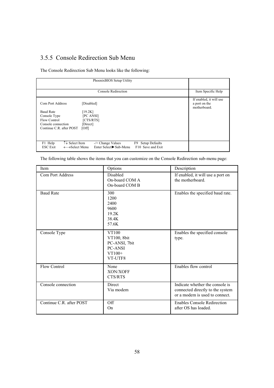 5 console redirection sub menu | Intel Arima LH500 User Manual | Page 58 / 78