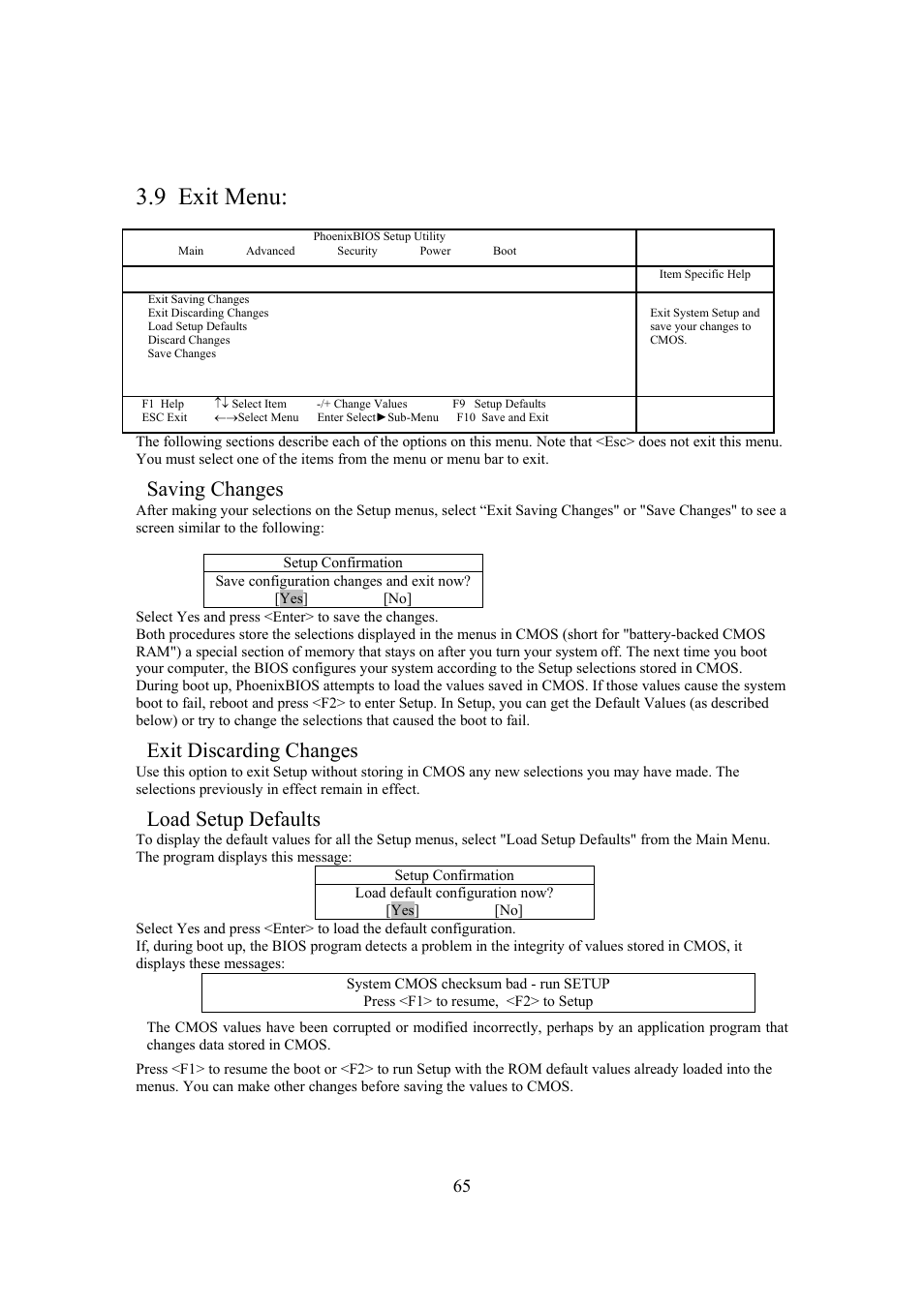 9 exit menu, Saving changes, Exit discarding changes | Load setup defaults | Intel Arima LH500 User Manual | Page 65 / 78