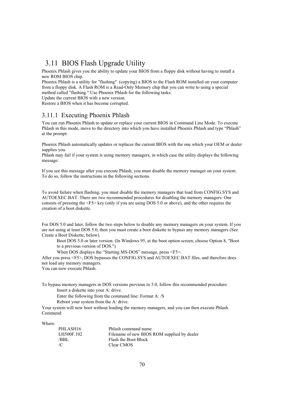 11 bios flash upgrade utility, 1 executing phoenix phlash | Intel Arima LH500 User Manual | Page 70 / 78