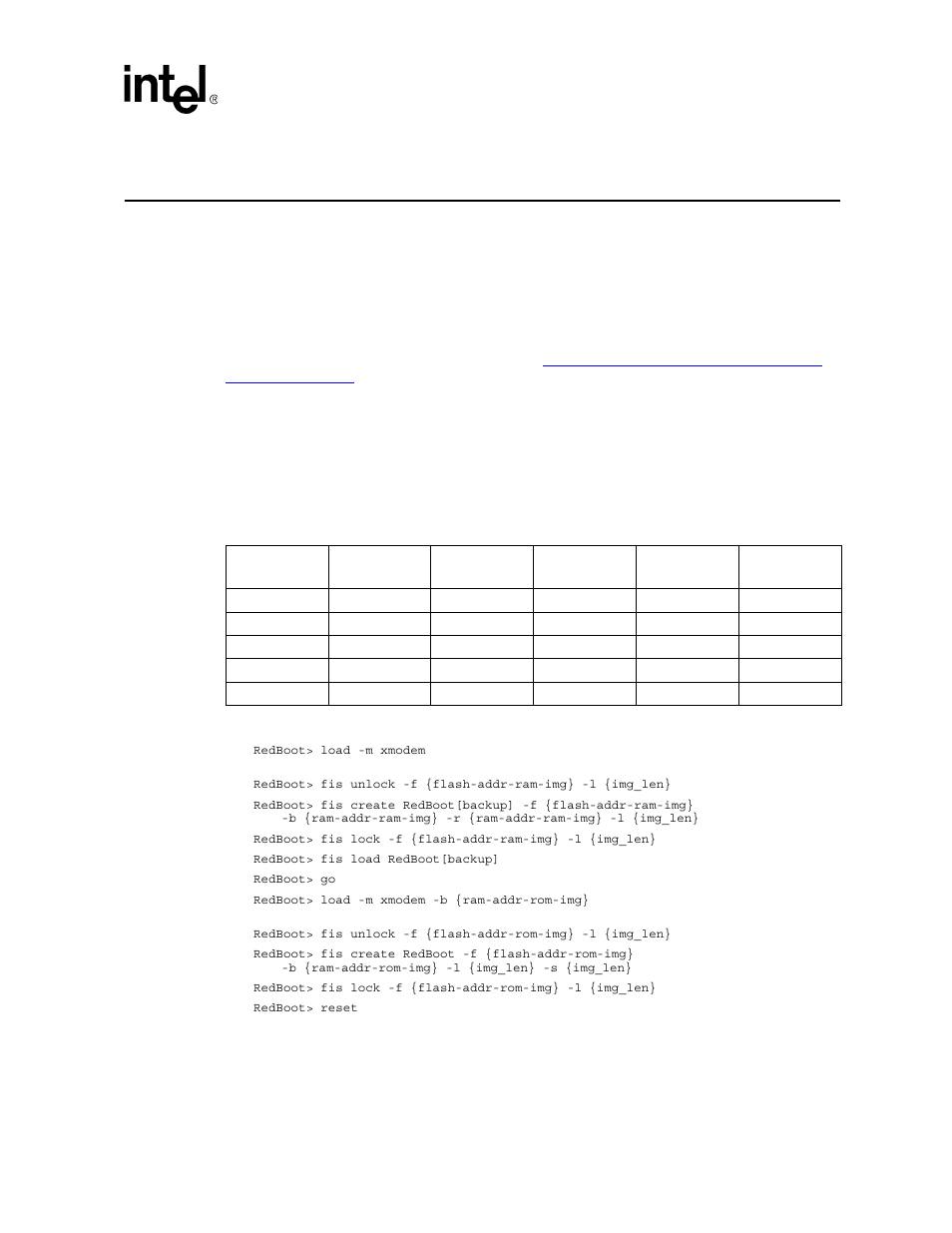 Target firmware setup 3, Table 1. redboot parameter values for crbs, Target firmware setup | Tables, Redboot parameter values for crbs | Intel I/O Processor User Manual | Page 11 / 22