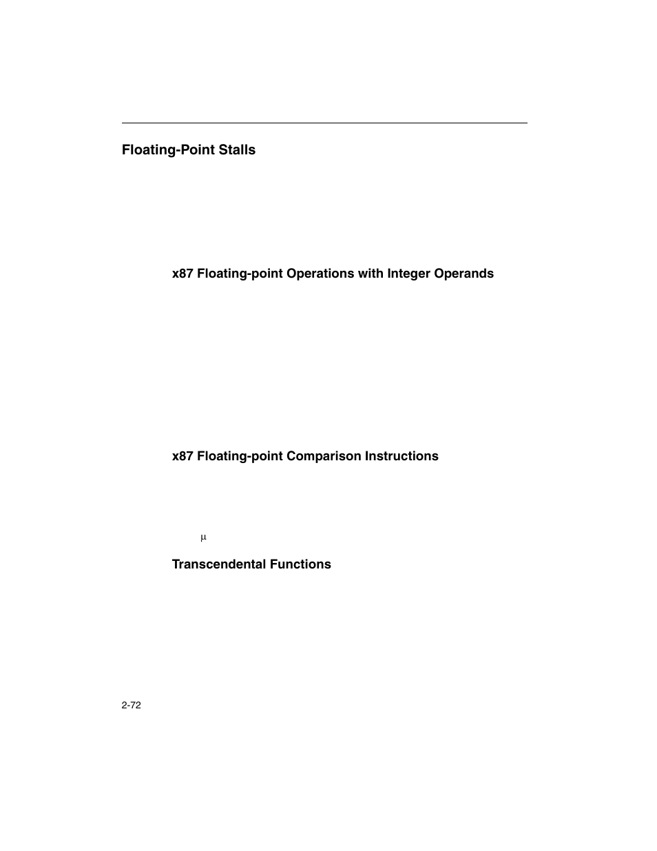 Floating-point stalls, X87 floating-point comparison instructions, Transcendental functions | Floating-point stalls -72 | Intel ARCHITECTURE IA-32 User Manual | Page 144 / 568