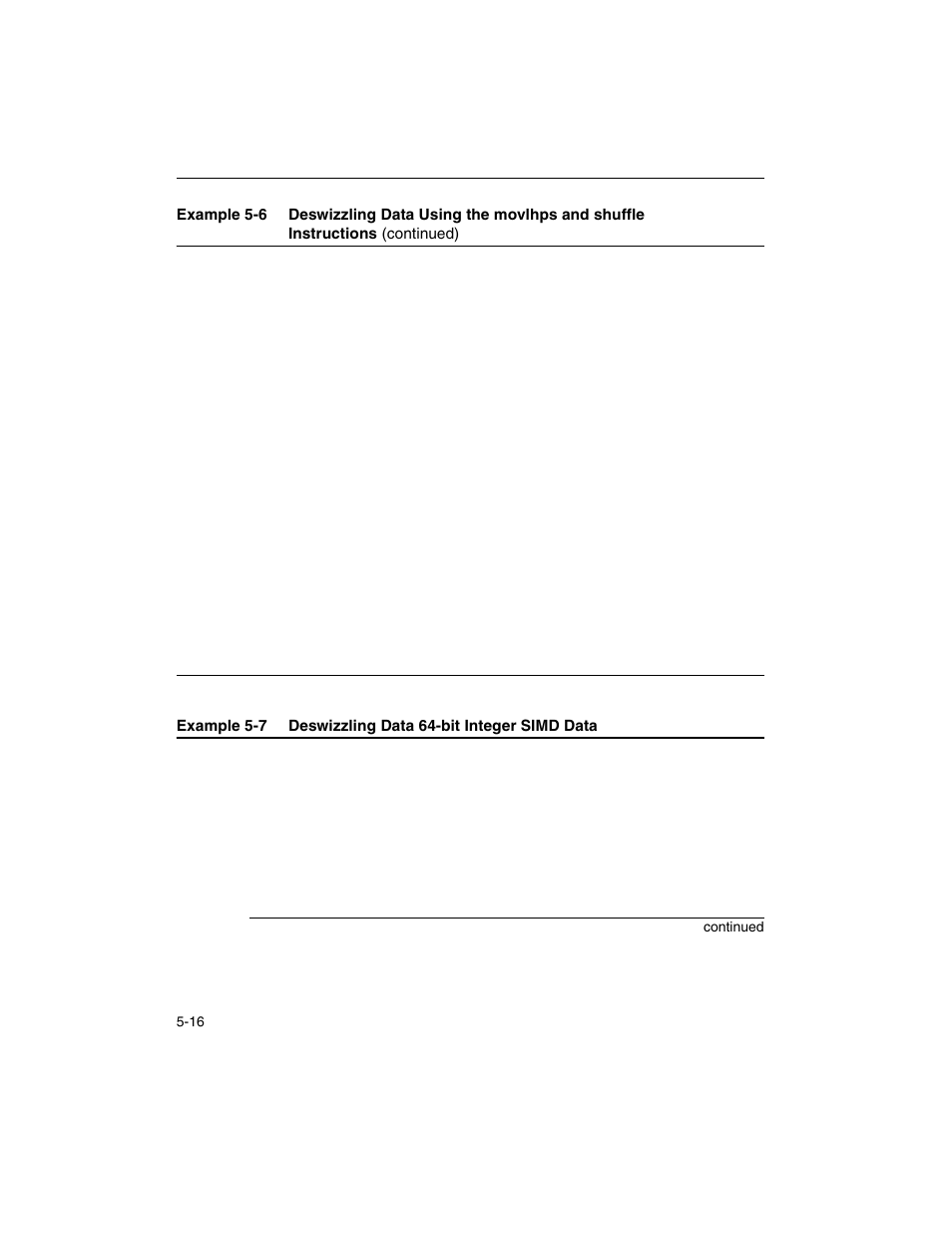 Example 5-7, Deswizzling data 64-bit integer simd data -16 | Intel ARCHITECTURE IA-32 User Manual | Page 278 / 568