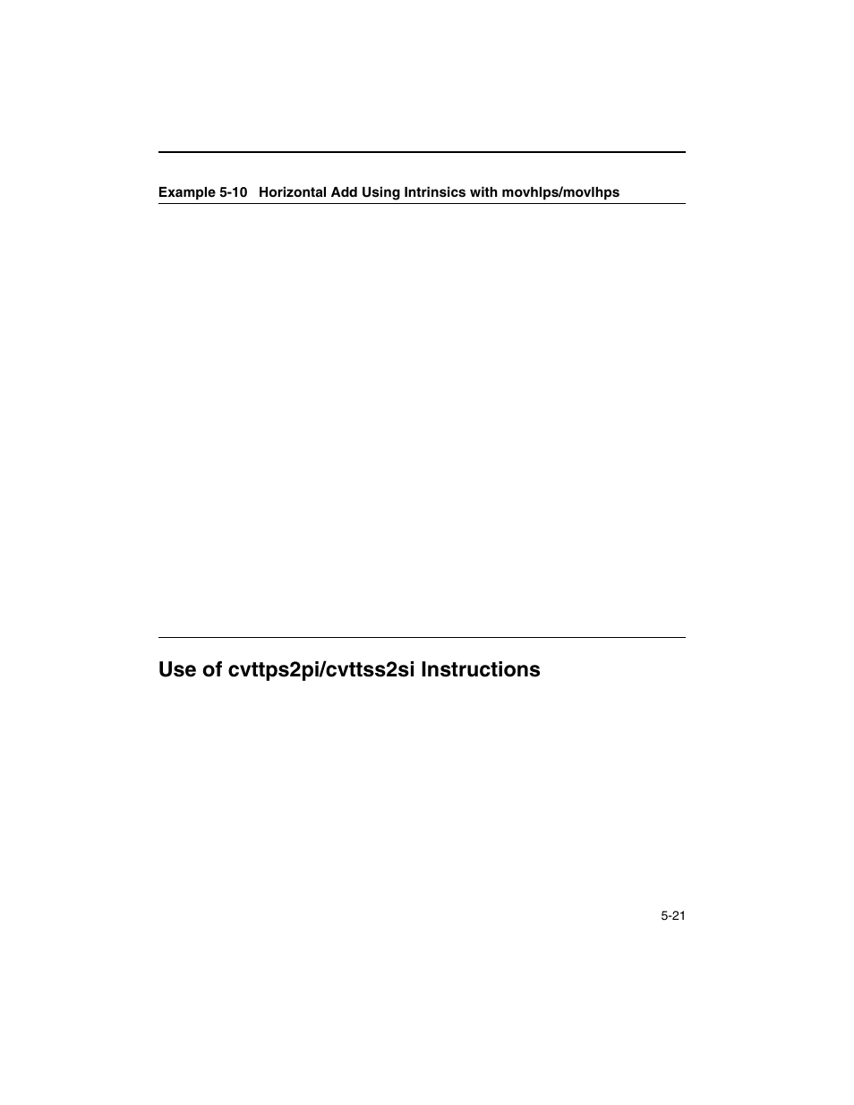 Use of cvttps2pi/cvttss2si instructions, Use of cvttps2pi/cvttss2si instructions -21, Example 5-10 | And example 5-10, Register should be | Intel ARCHITECTURE IA-32 User Manual | Page 283 / 568