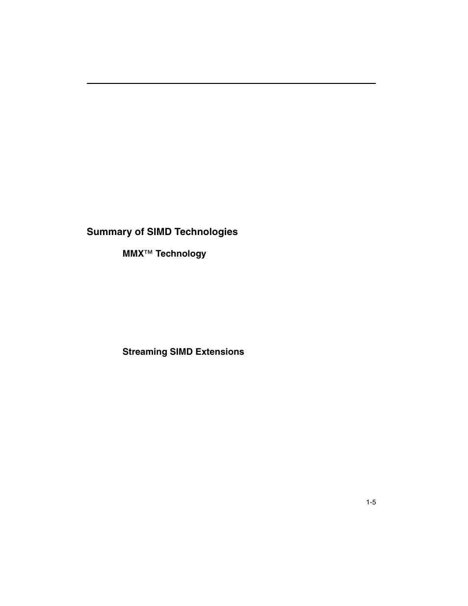 Summary of simd technologies, Mmx™ technology, Streaming simd extensions | Summary of simd technologies -5, Mmx™ technology -5 streaming simd extensions -5 | Intel ARCHITECTURE IA-32 User Manual | Page 33 / 568