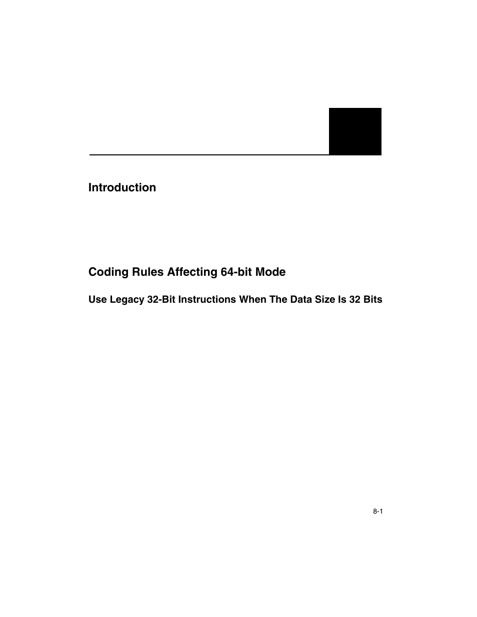 8 64-bit mode coding guidelines, Introduction, Coding rules affecting 64-bit mode | Chapter 8, Bit mode coding guidelines | Intel ARCHITECTURE IA-32 User Manual | Page 409 / 568