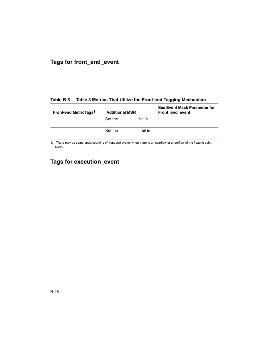 Tags for front_end_event, Tags for execution_event | Intel ARCHITECTURE IA-32 User Manual | Page 502 / 568