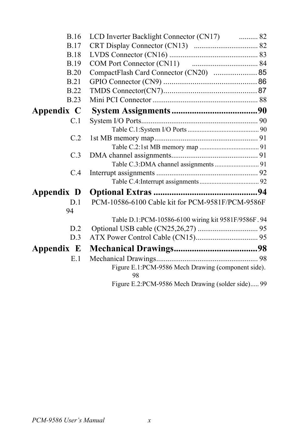 Appendix c system assignments, Appendix d optional extras, Appendix e mechanical drawings | Intel M600 User Manual | Page 10 / 110