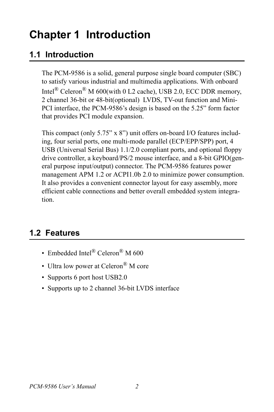 Chapter 1 introduction, 1 introduction, 2 features | Content, Features, Specifications, Board layout: dimensions | Intel M600 User Manual | Page 12 / 110