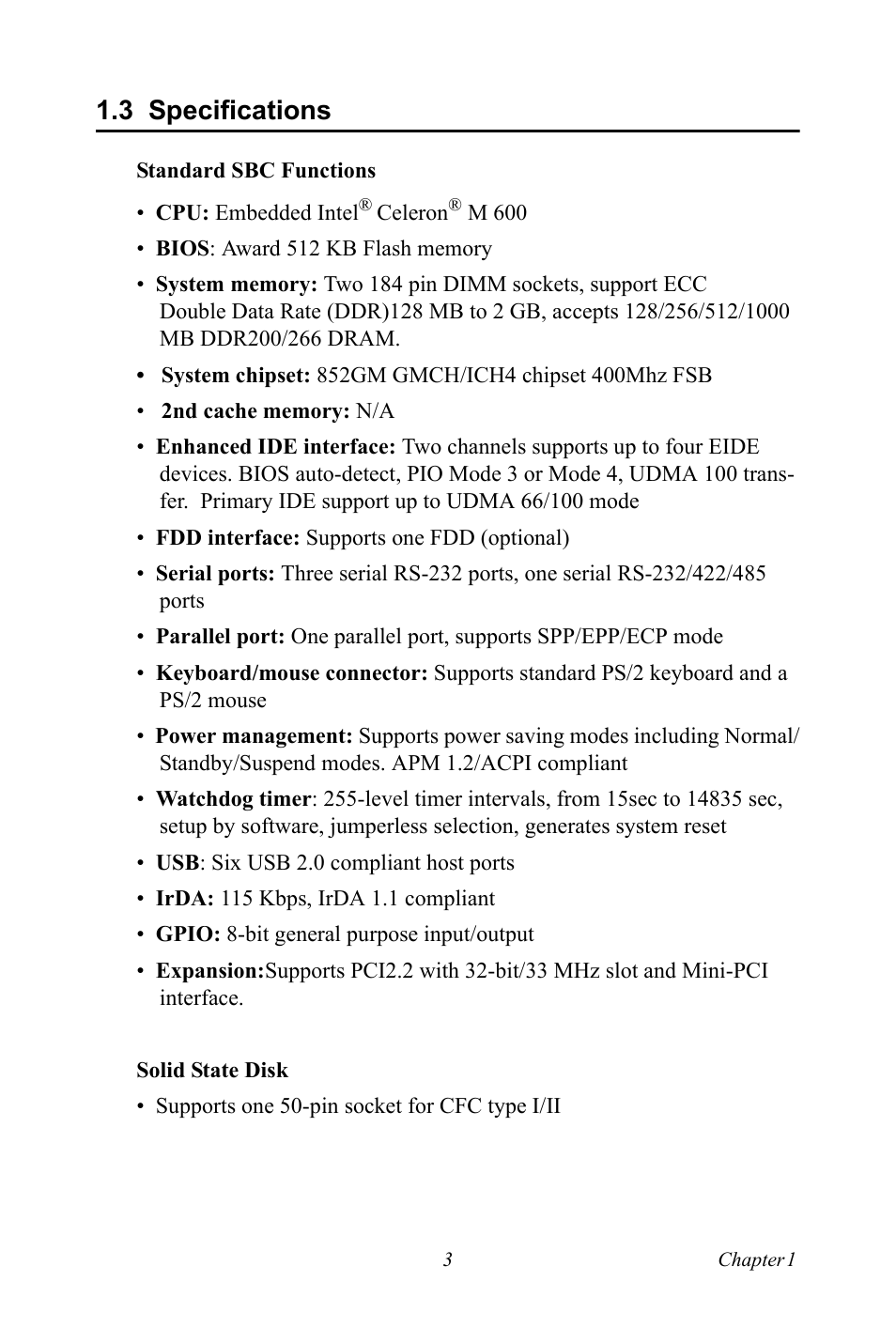 3 specifications | Intel M600 User Manual | Page 13 / 110