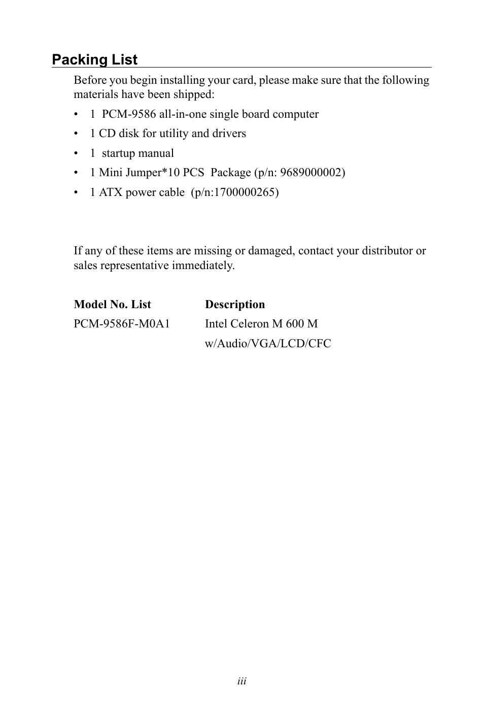 Packing list | Intel M600 User Manual | Page 3 / 110