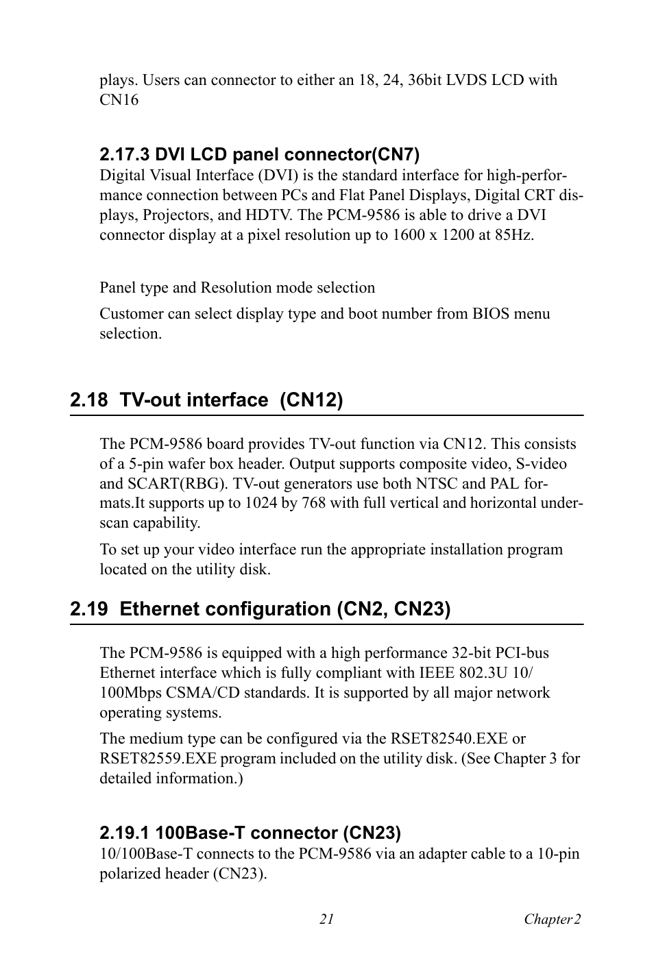 3 dvi lcd panel connector(cn7), 18 tv-out interface (cn12), 19 ethernet configuration (cn2, cn23) | 1 100base-t connector (cn23), Tv-out interface (cn12), Ethernet configuration (cn2, cn23) | Intel M600 User Manual | Page 31 / 110