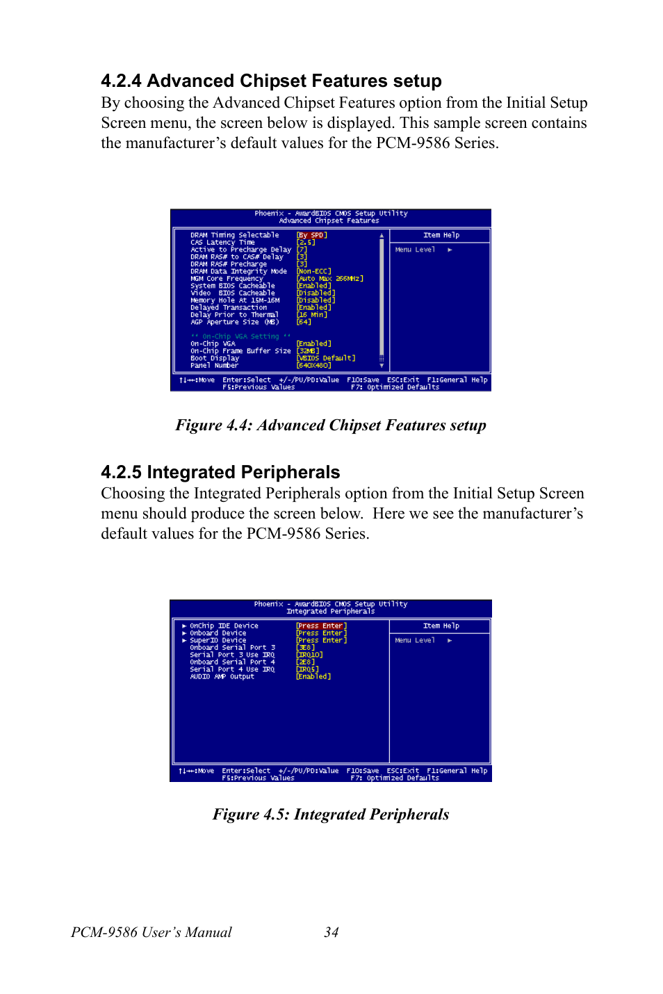 4 advanced chipset features setup, Figure 4.4: advanced chipset features setup, 5 integrated peripherals | Figure 4.5: integrated peripherals | Intel M600 User Manual | Page 44 / 110