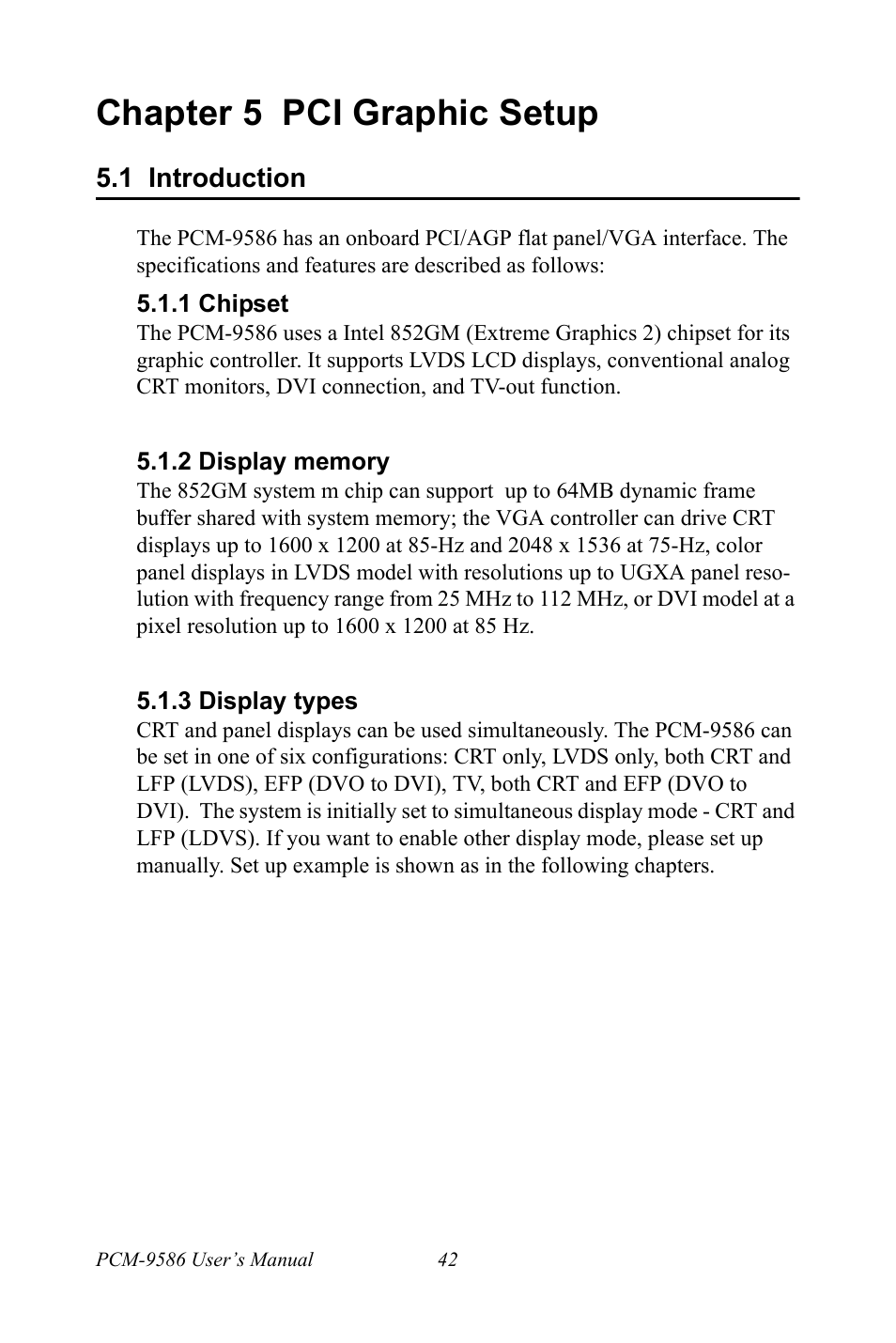 Chapter 5 pci graphic setup, 1 introduction, 1 chipset | 2 display memory, 3 display types, Chapter, 5 pci graphic setup, Introduction, Chipset, Display memory | Intel M600 User Manual | Page 52 / 110