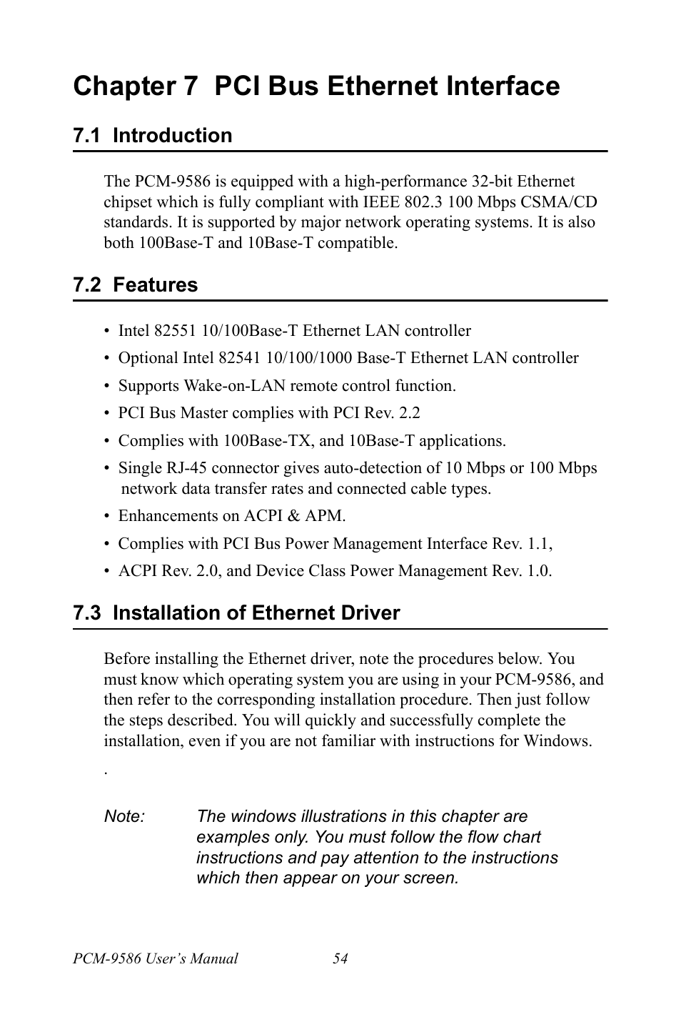 Chapter 7 pci bus ethernet interface, 1 introduction, 2 features | 3 installation of ethernet driver, Chapter, 7 pci bus ethernet interface, Introduction, Features, Installation of ethernet driver | Intel M600 User Manual | Page 64 / 110