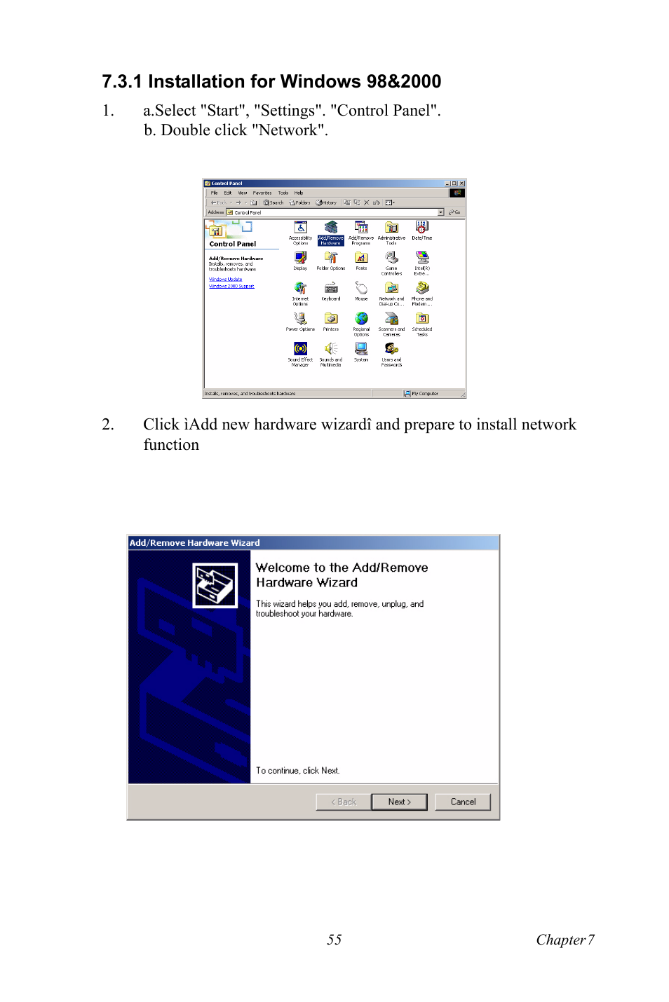 1 installation for windows 98&2000, Installation for windows 98&2000 | Intel M600 User Manual | Page 65 / 110