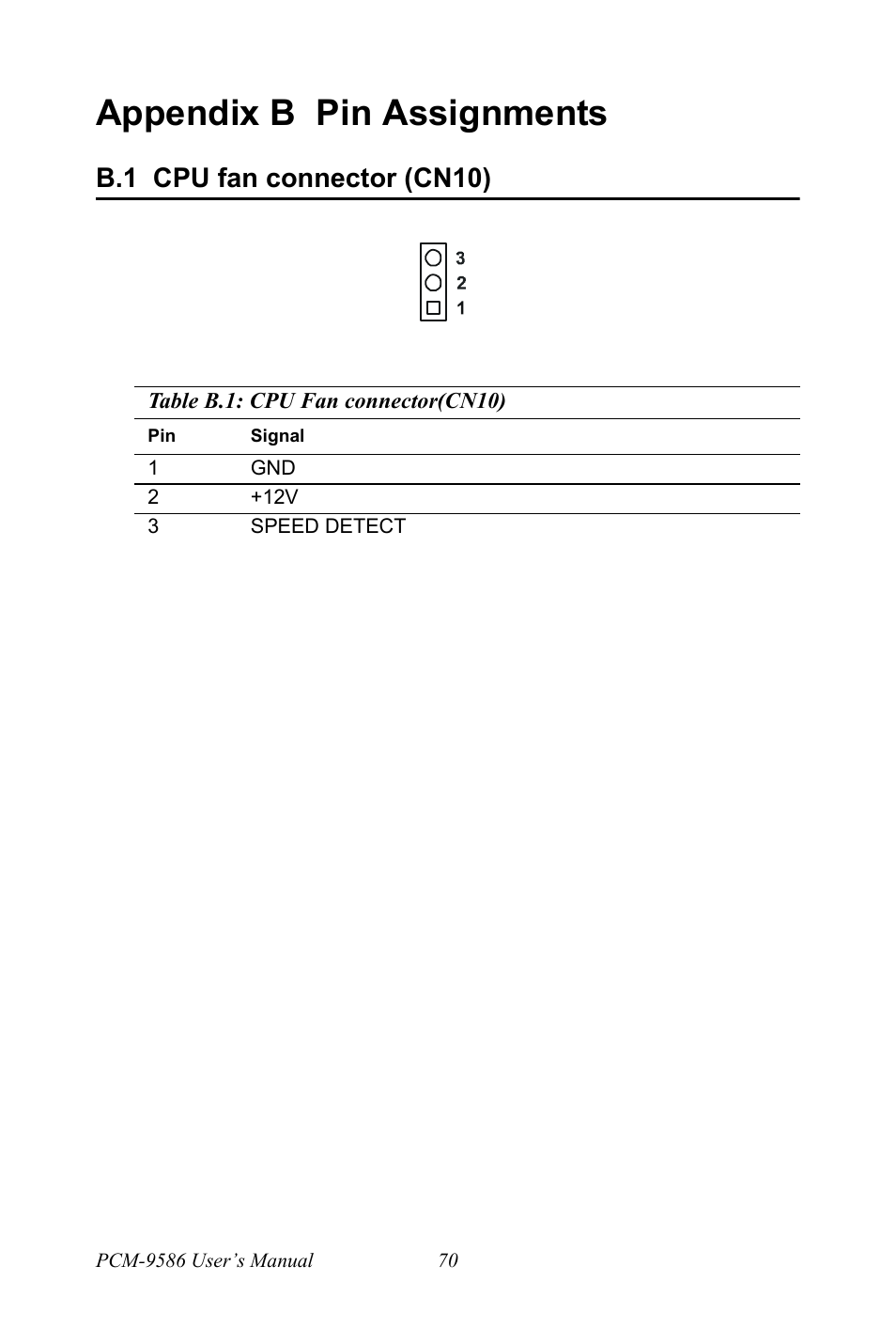 Appendix b pin assignments, B.1 cpu fan connector (cn10), Cpu fan connector (cn10) | Intel M600 User Manual | Page 80 / 110