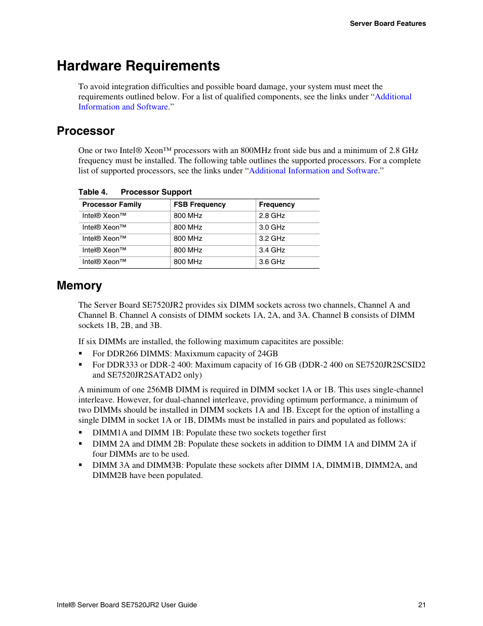 Hardware requirements, Processor, Memory | Table 4, Processor support | Intel SE7520JR2 User Manual | Page 21 / 63