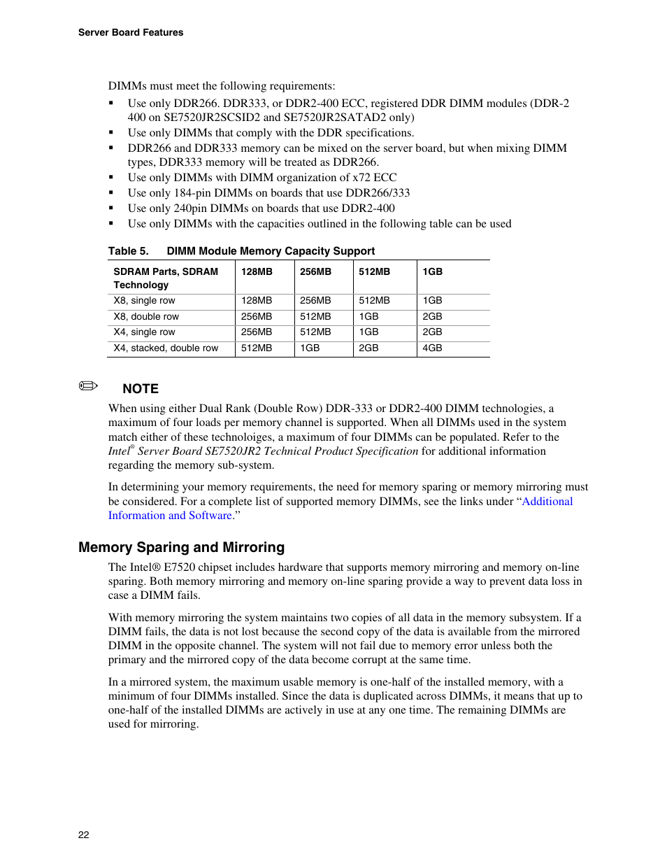 Memory sparing and mirroring, Table 5, Dimm module memory capacity support | Intel SE7520JR2 User Manual | Page 22 / 63