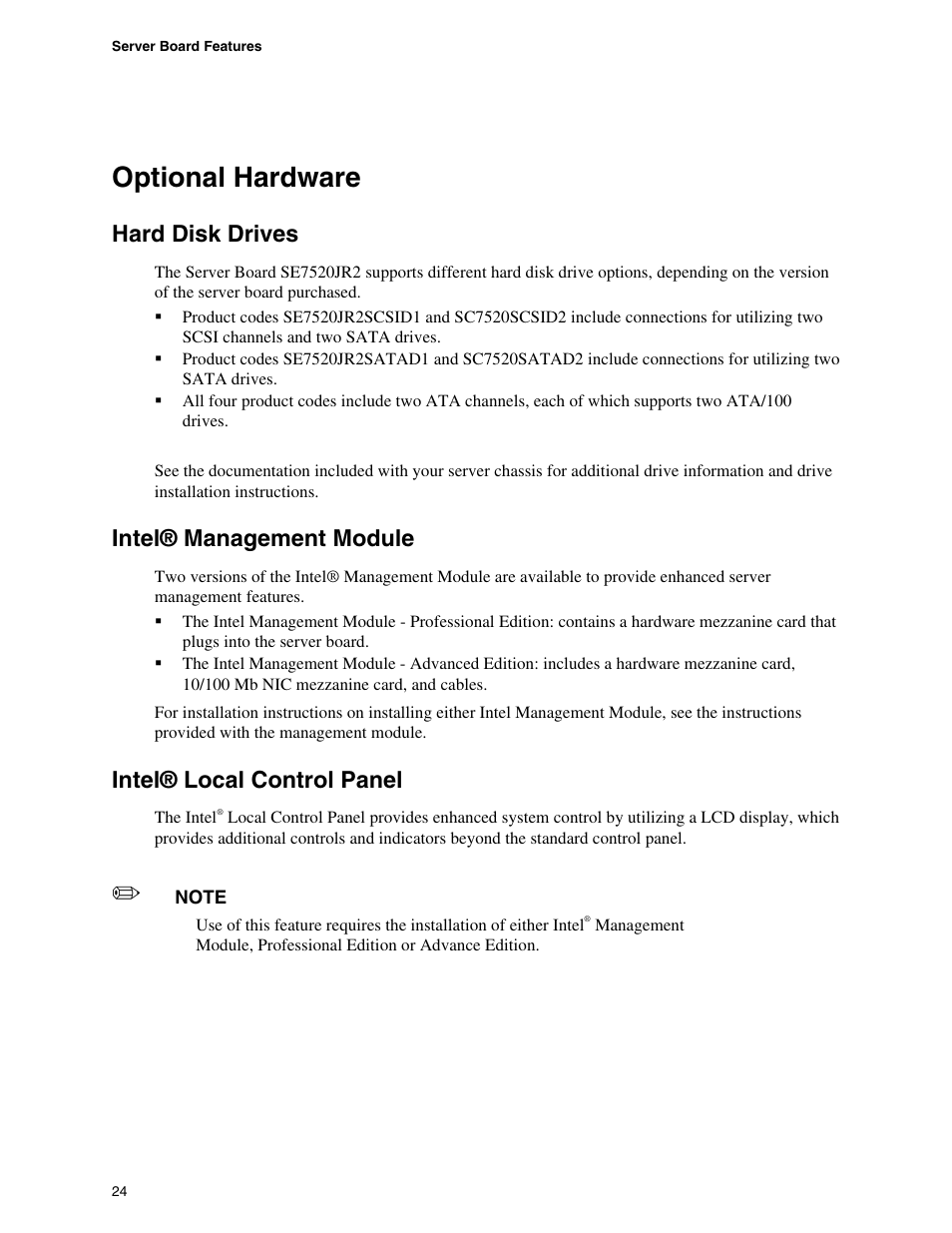 Optional hardware, Hard disk drives, Intel® management module | Intel® local control panel | Intel SE7520JR2 User Manual | Page 24 / 63