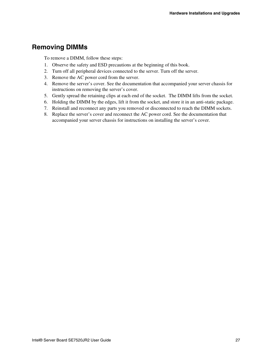 Removing dimms | Intel SE7520JR2 User Manual | Page 27 / 63