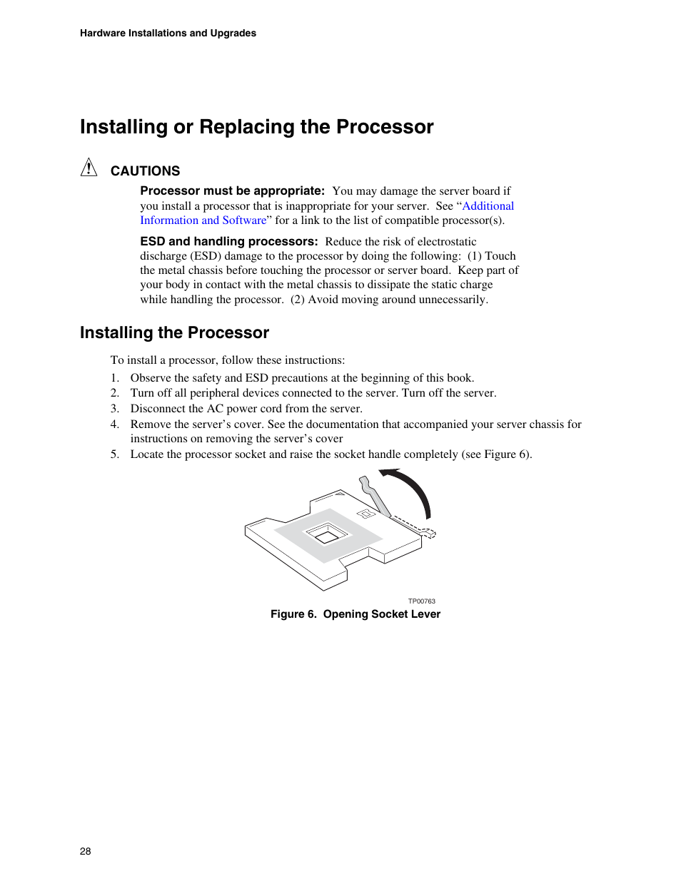 Installing or replacing the processor, Installing the processor, Figure 6. opening socket lever | Intel SE7520JR2 User Manual | Page 28 / 63