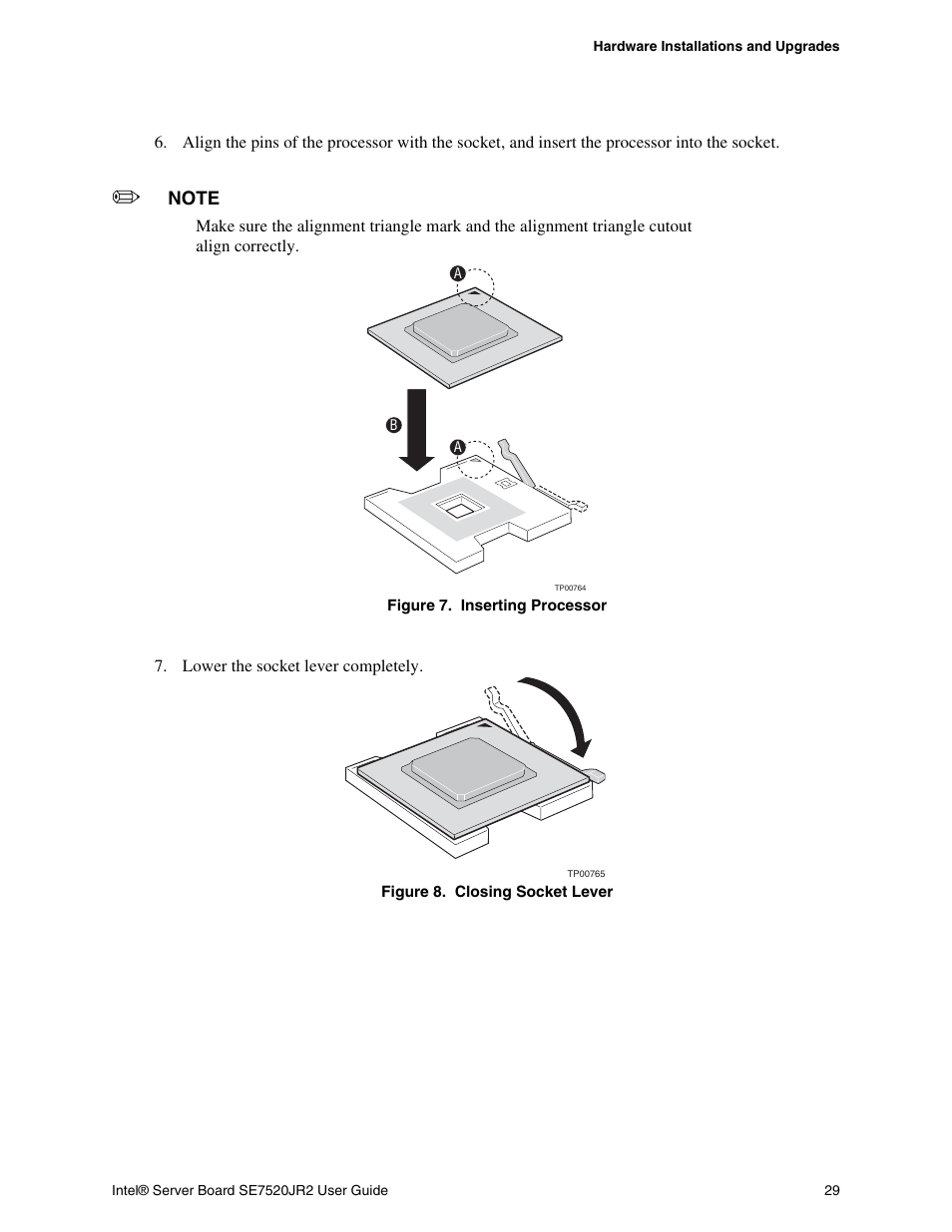Figure 7. inserting processor, Figure 8. closing socket lever | Intel SE7520JR2 User Manual | Page 29 / 63