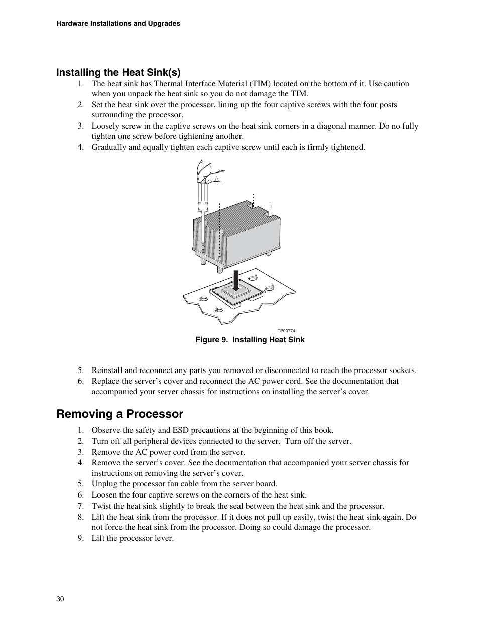 Installing the heat sink(s), Removing a processor, Figure 9. installing heat sink | Intel SE7520JR2 User Manual | Page 30 / 63
