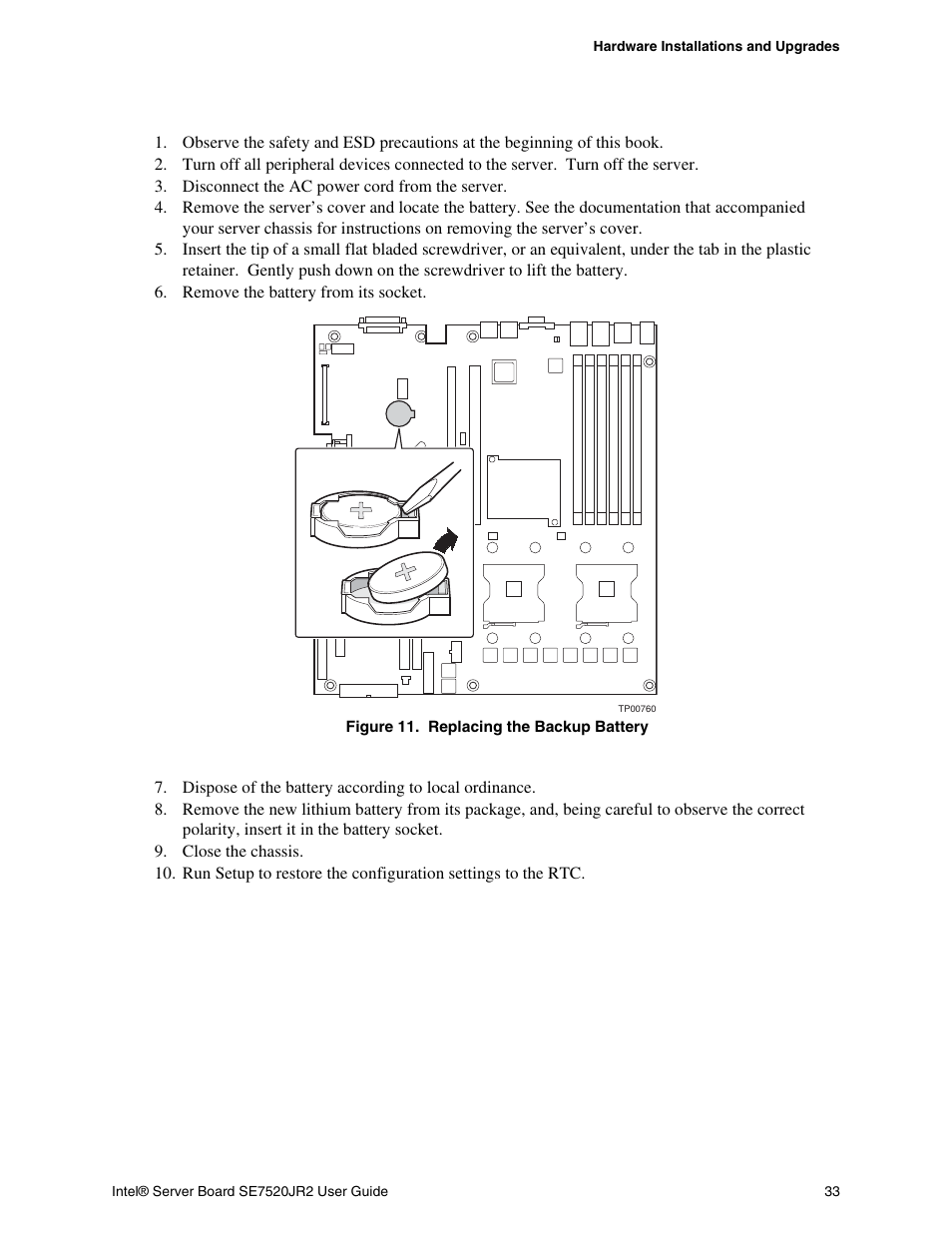 Figure 11. replacing the backup battery | Intel SE7520JR2 User Manual | Page 33 / 63