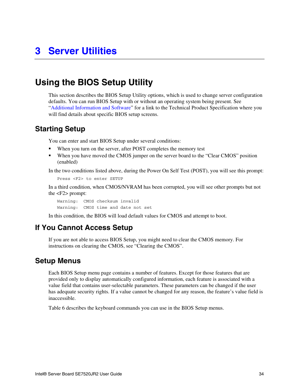 Server utilities, Using the bios setup utility, Starting setup | If you cannot access setup, Setup menus, 3 server utilities | Intel SE7520JR2 User Manual | Page 34 / 63