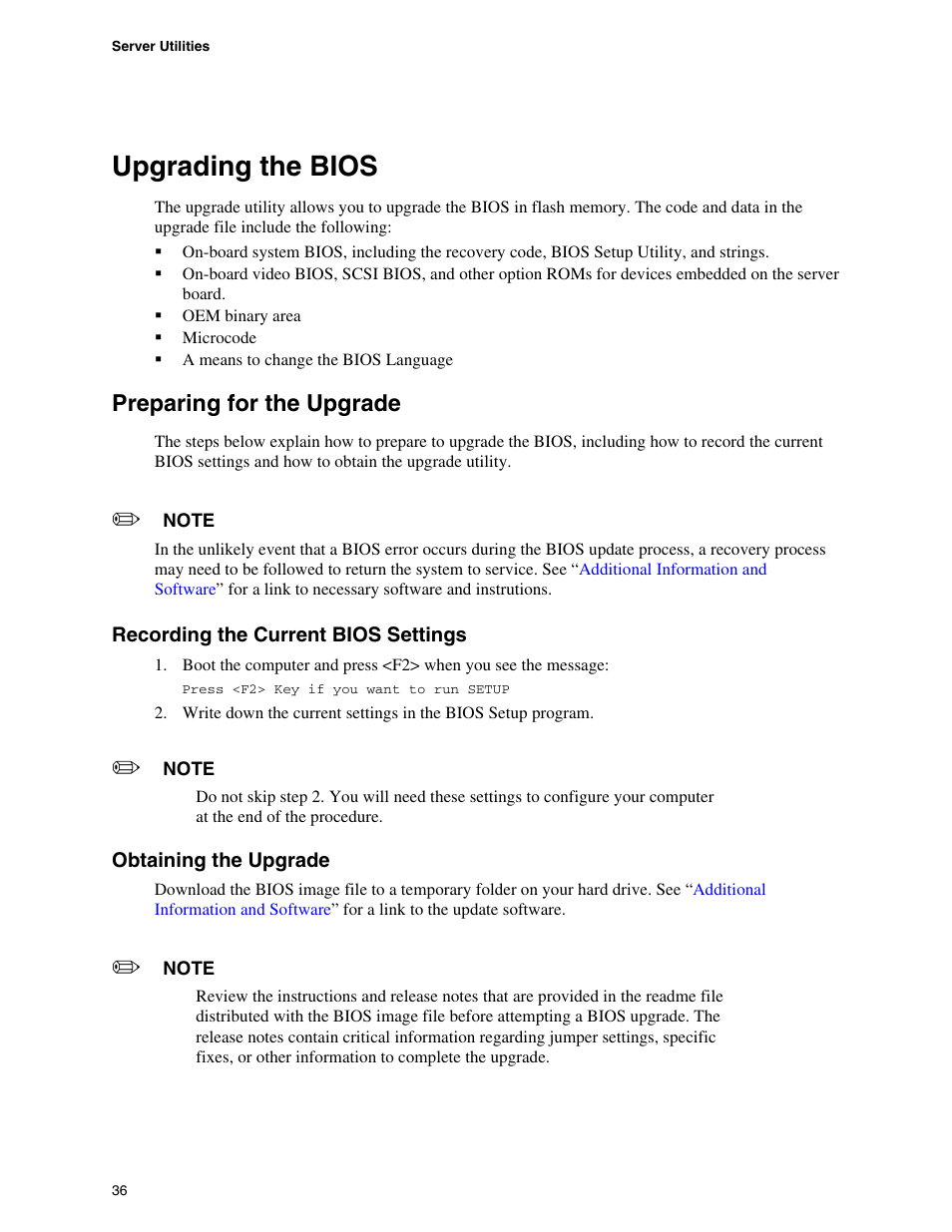 Upgrading the bios, Preparing for the upgrade, Recording the current bios settings | Obtaining the upgrade | Intel SE7520JR2 User Manual | Page 36 / 63