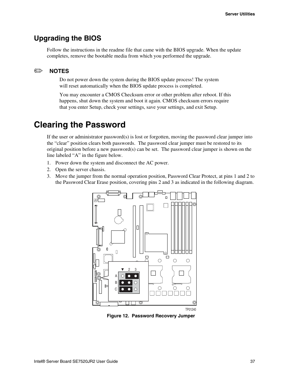 Upgrading the bios, Clearing the password, Figure 12. password recovery jumper | Intel SE7520JR2 User Manual | Page 37 / 63