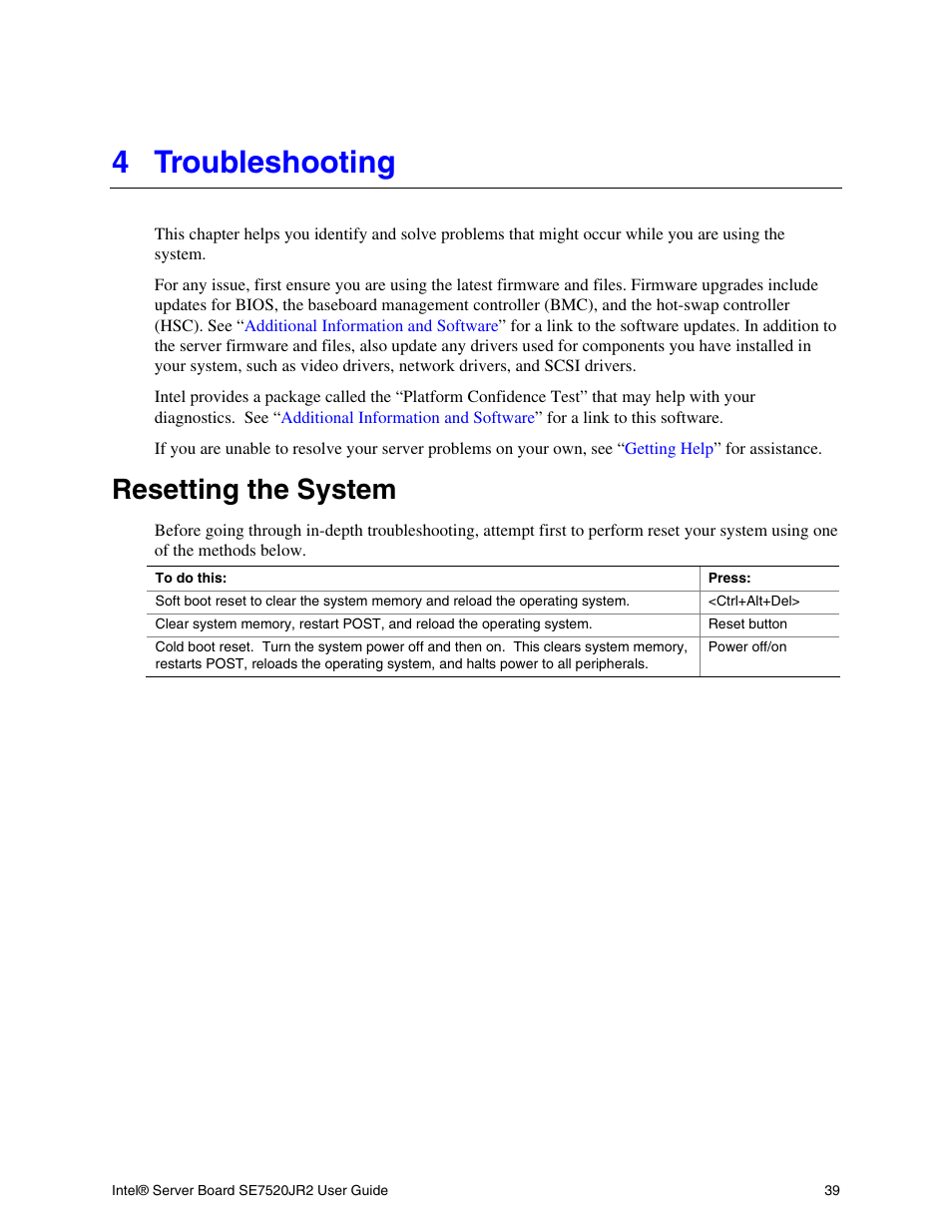 Troubleshooting, Resetting the system, 4 troubleshooting | Intel SE7520JR2 User Manual | Page 39 / 63
